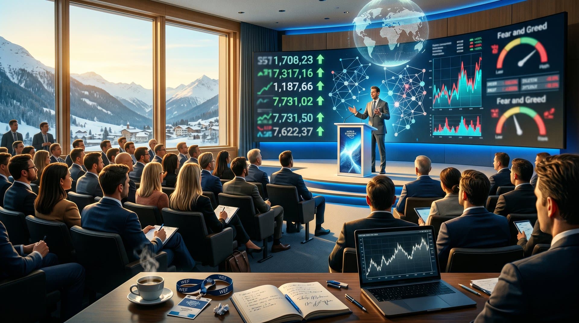 WEF panel on digital assets stage with experts, price charts on screens, audience and branded details in modern Davos auditorium