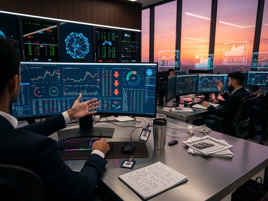 Monitors show BTC at $77,882 charts, Fear & Greed 46, cryptocurrency stocks data on modern trading desk