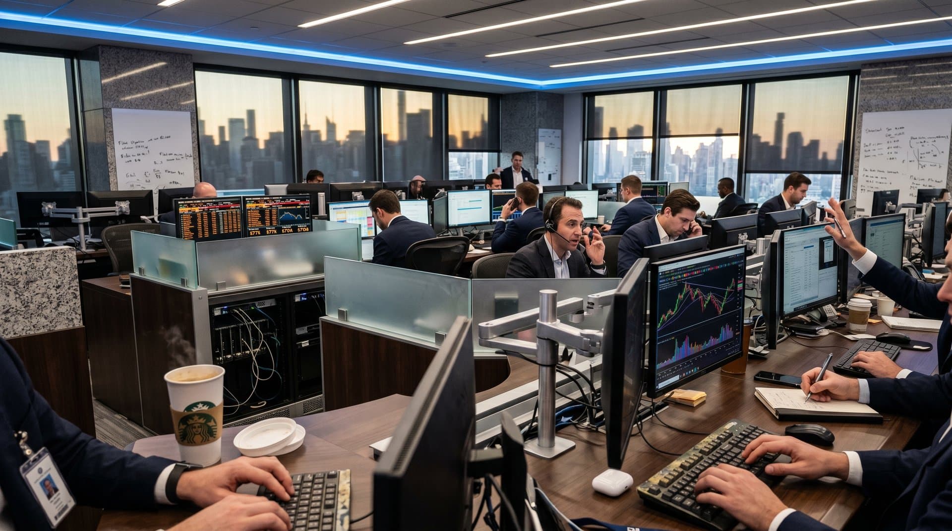 Trading desk with BTC charts, AI interface, and crypto tickers in modern finance environment