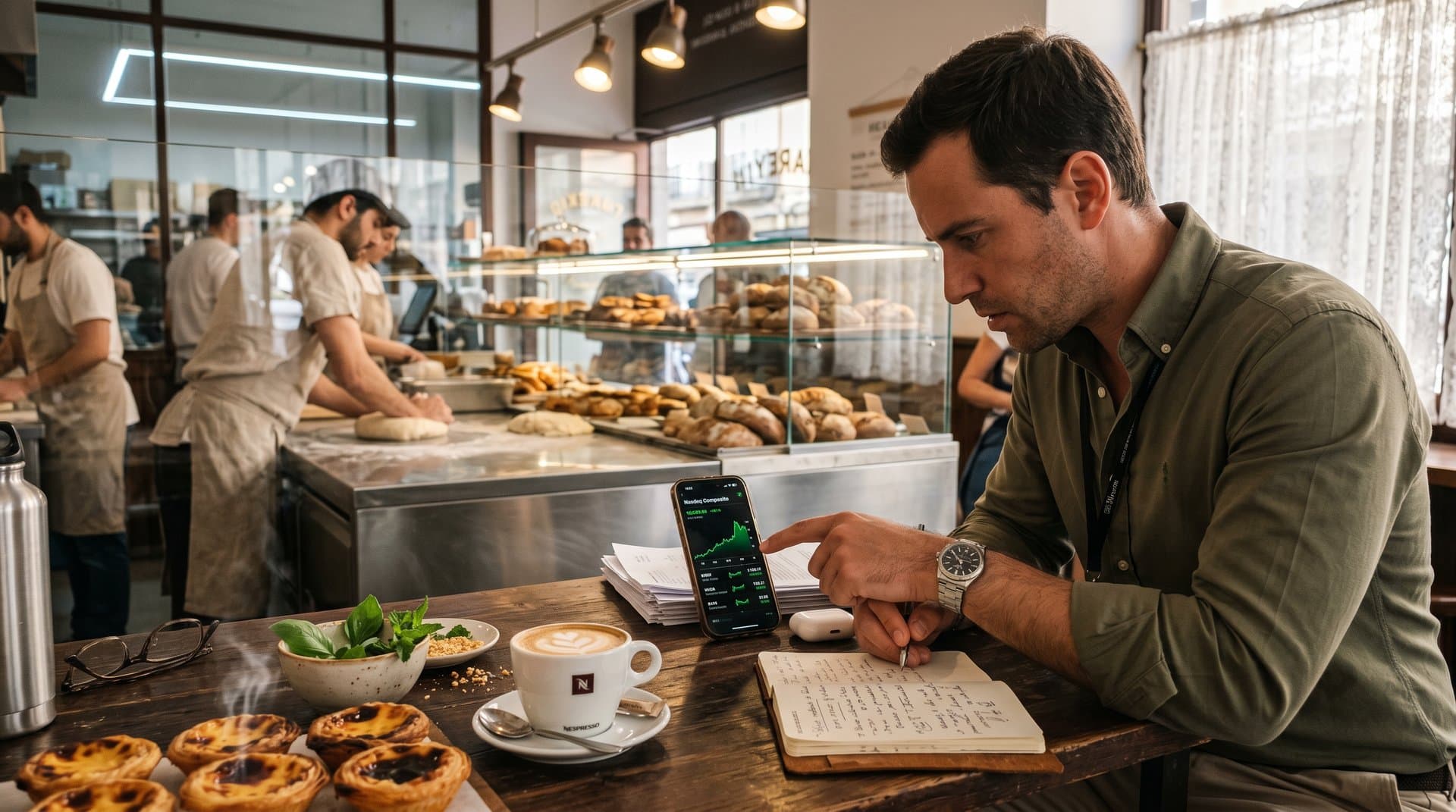 Porto bakery table with pastel de nata, smartphone showing Nasdaq high and AI growth stocks charts, notebook notes on investing, warm authentic finance scene