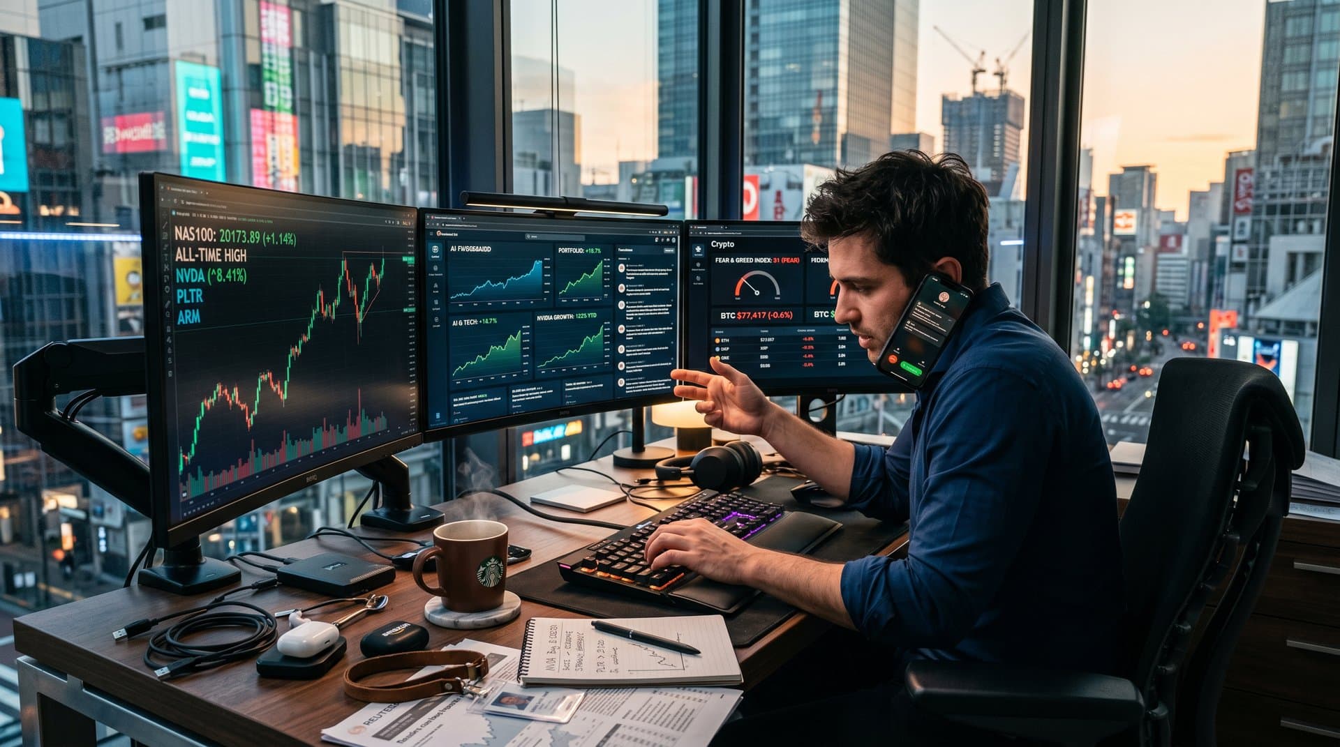 Trading screens show Nasdaq all-time high charts, AI growth stocks, and crypto Fear Index at 31 on modern desk with skyline view