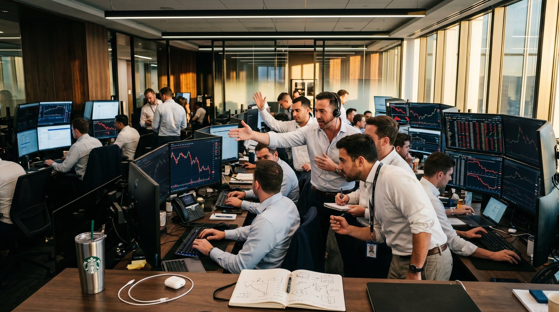 Trading floor analysts study crypto charts on monitors showing BTC at $77,290, Fear Index 31, and market data in dynamic finance environment