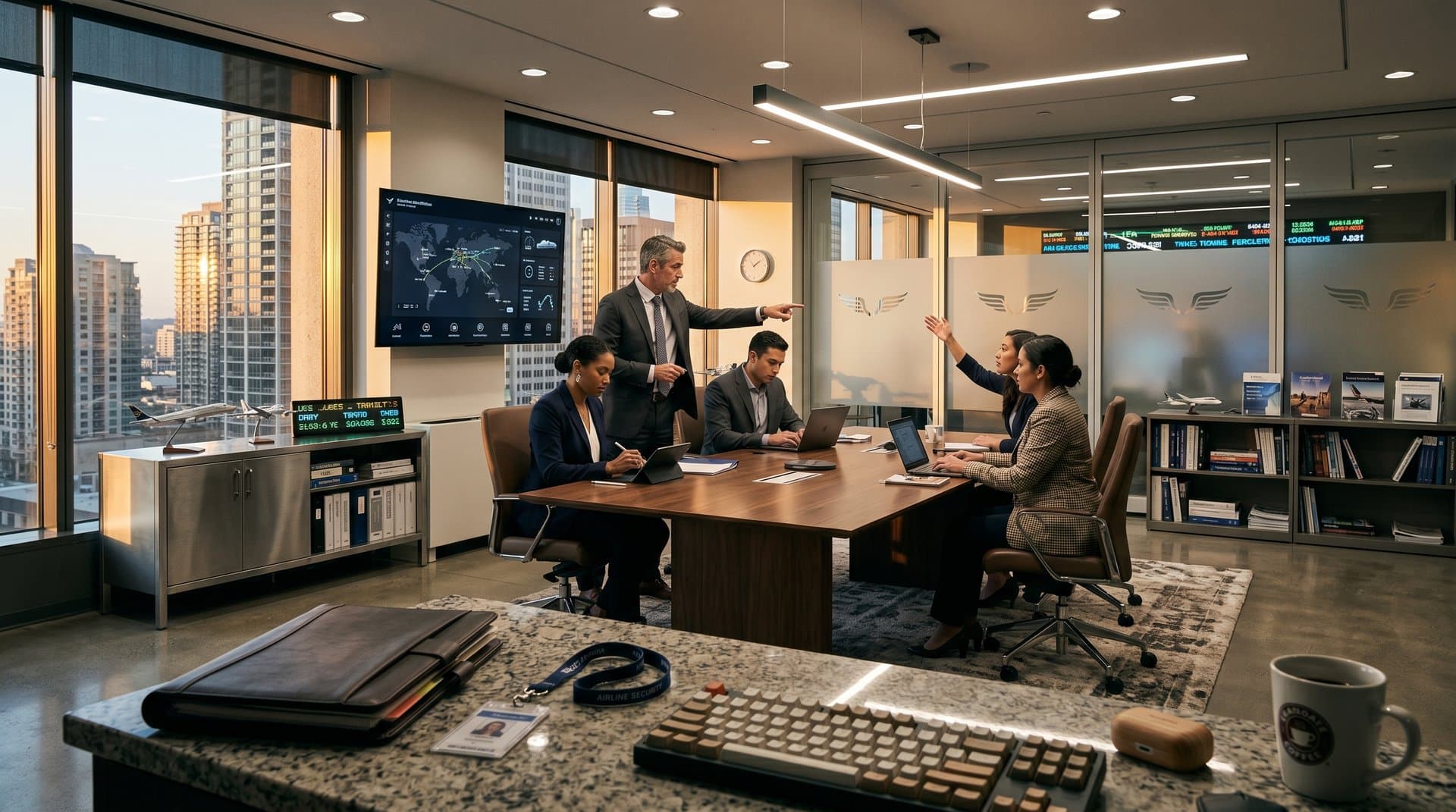 Executive gestures at flight optimization charts on screen in boardroom with crypto tickers and engaged team