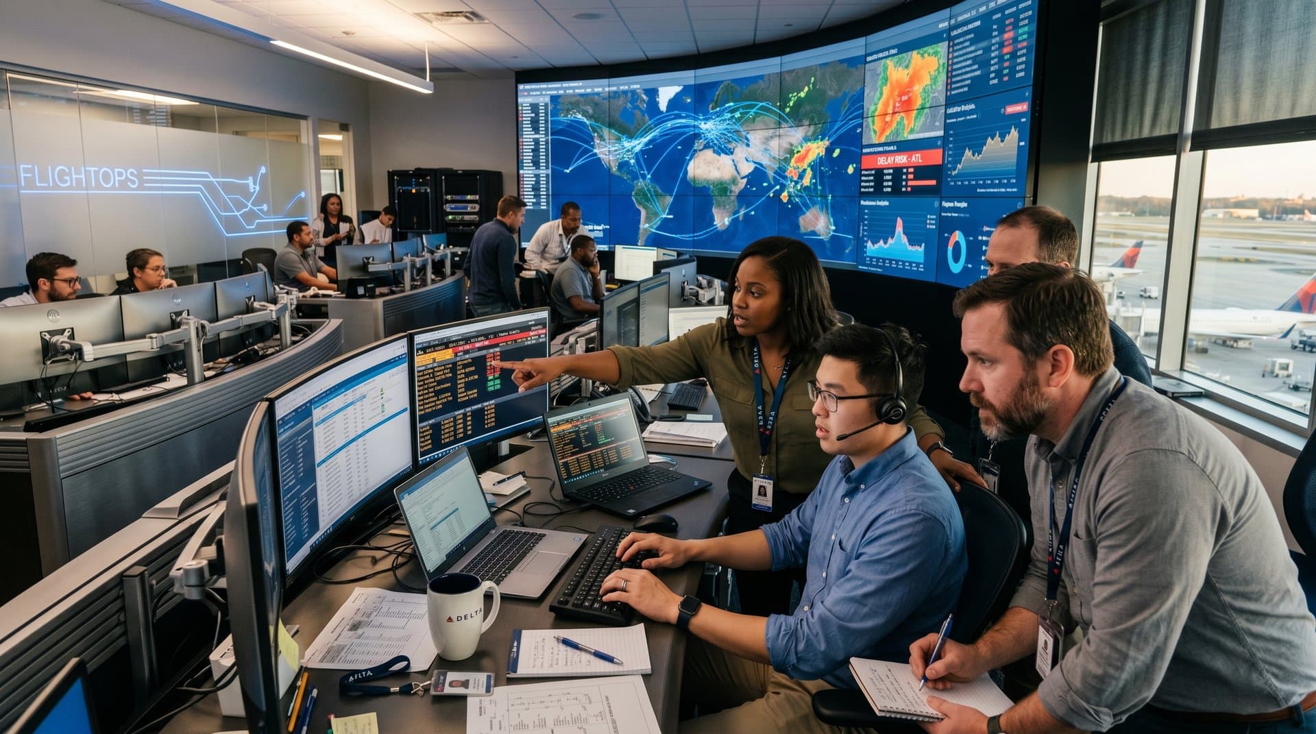 Delta operations team reviews flight data on video wall amid high-tech control center desks and runway views