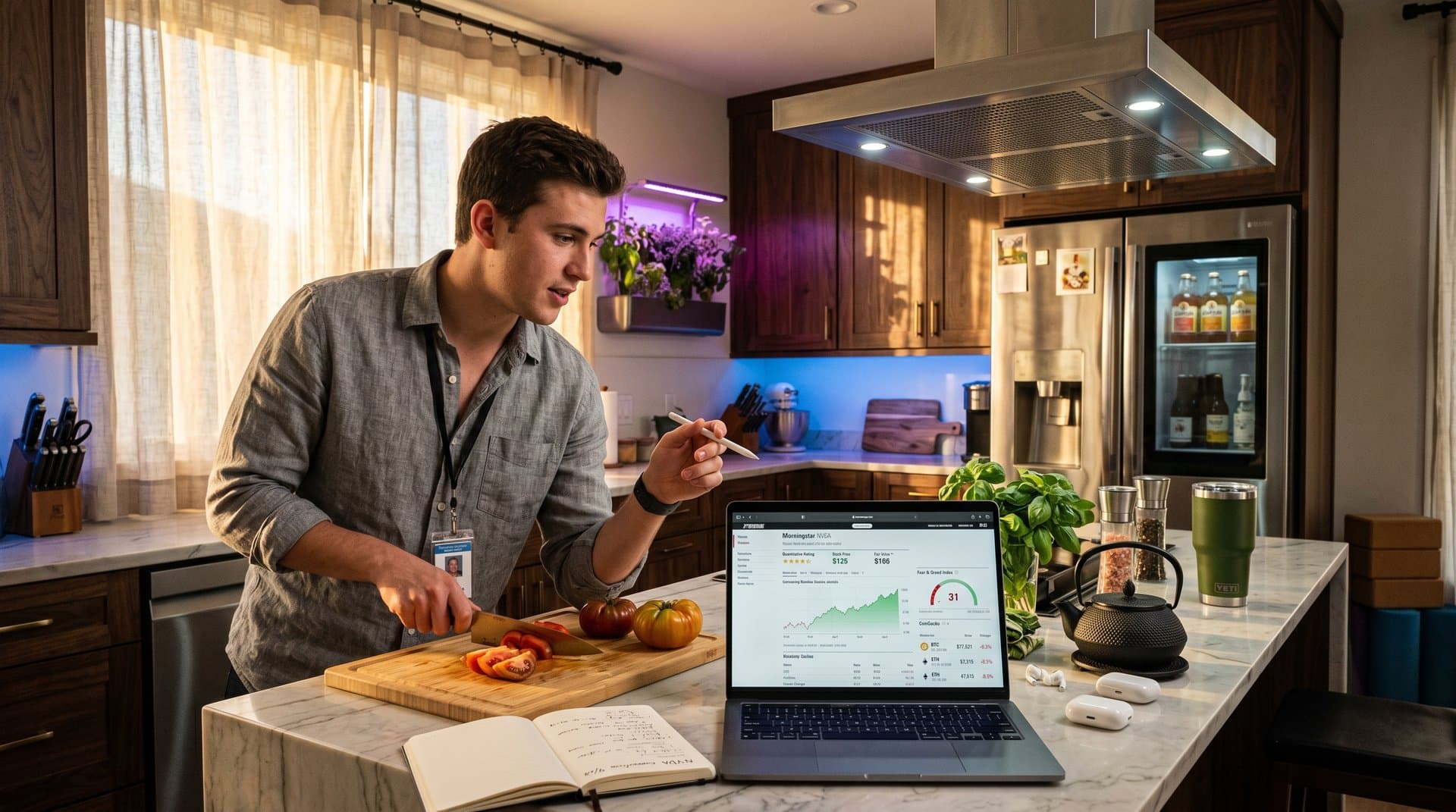 Laptop in kitchen shows Morningstar NVDA AI stock charts, Fear & Greed 31, crypto prices amid fresh herbs symbolizing mindful investing