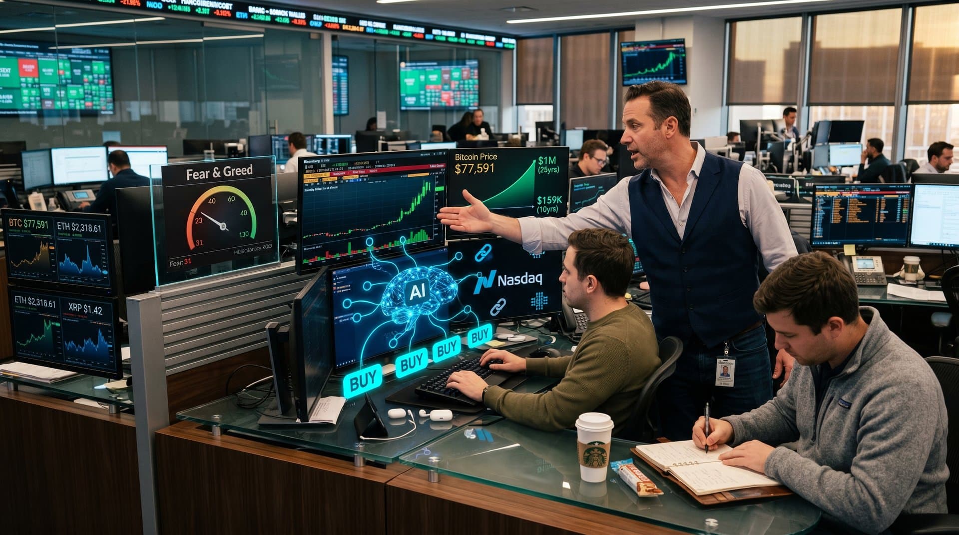 Futuristic dashboard showing INOD AI stock surge, Fear & Greed at 31, BTC at $77,591 with neural networks and growth charts