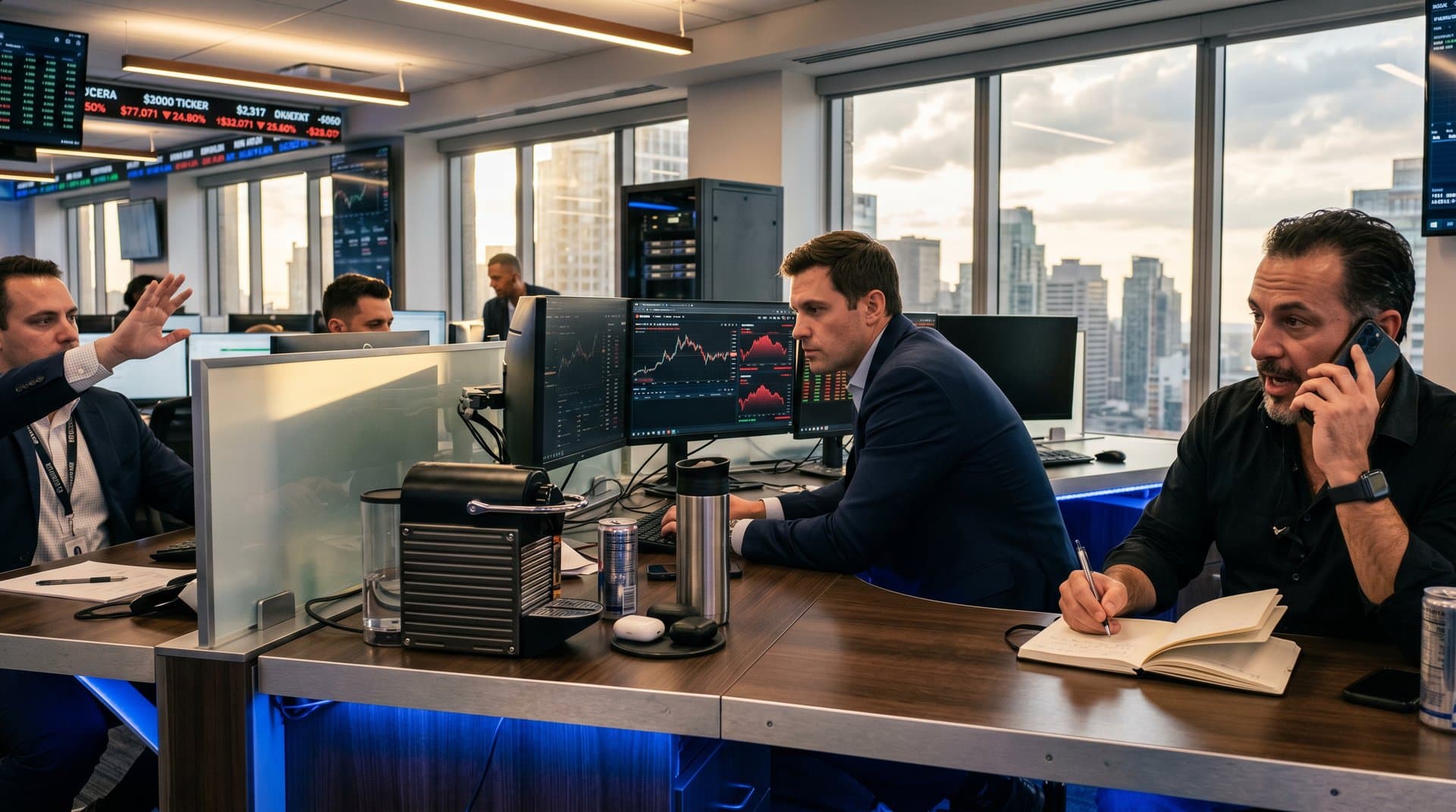 Modern trading desk with monitors showing crypto charts at Bitcoin $77k, AI chatbot interface, Fear & Greed 33, trading floor elements in blue LED light