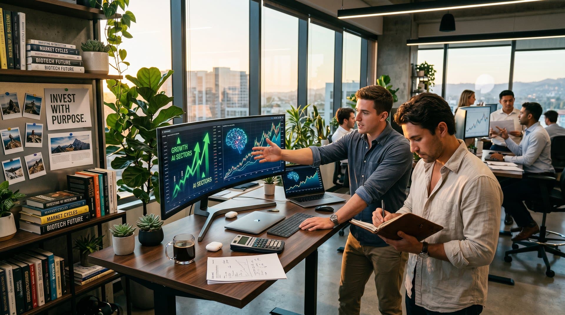 Analysts review AI stocks charts including ARM, SMCI, PLTR in modern wellness-inspired investment office with plants and city view