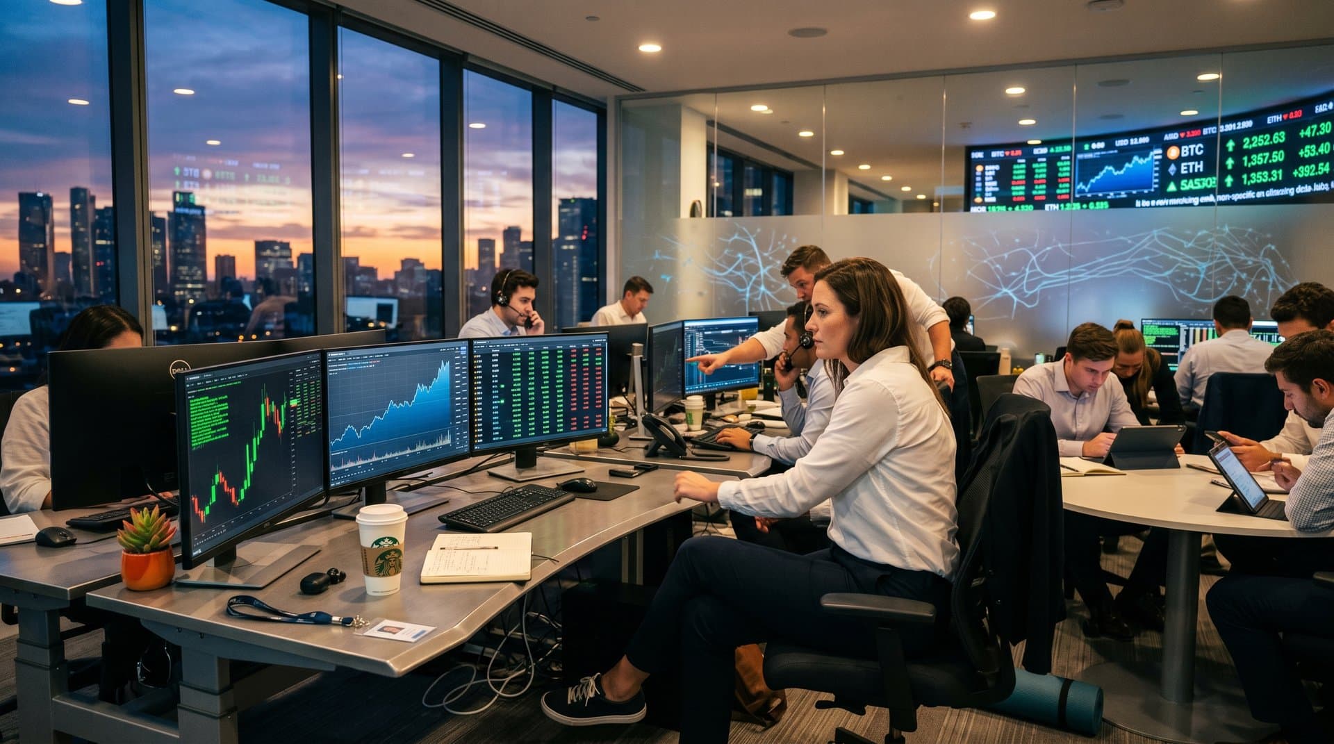 Traders analyze Nasdaq AI stock surges on multi-monitors in vibrant trading floor with skyline view and wellness elements