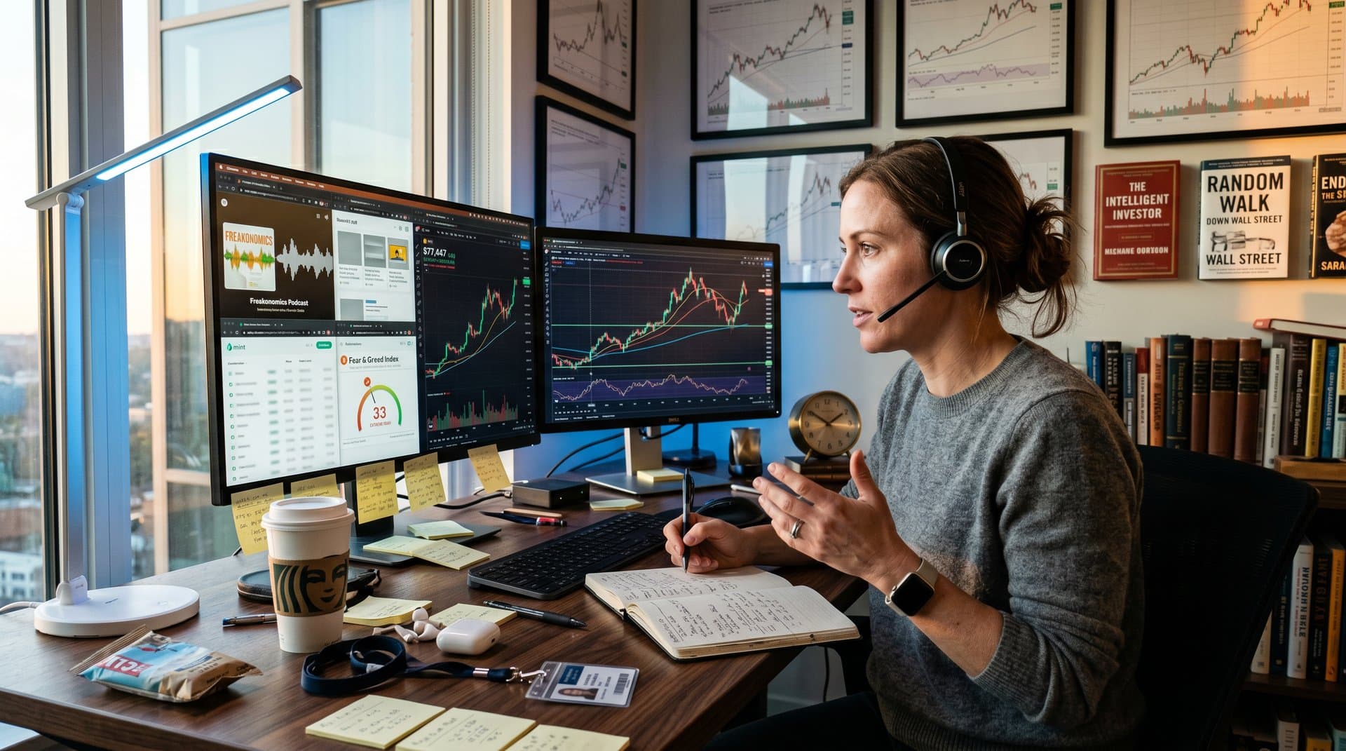 Laptop displays Freakonomics 441, ad examples, BTC charts, and finance tracker on minimalist desk