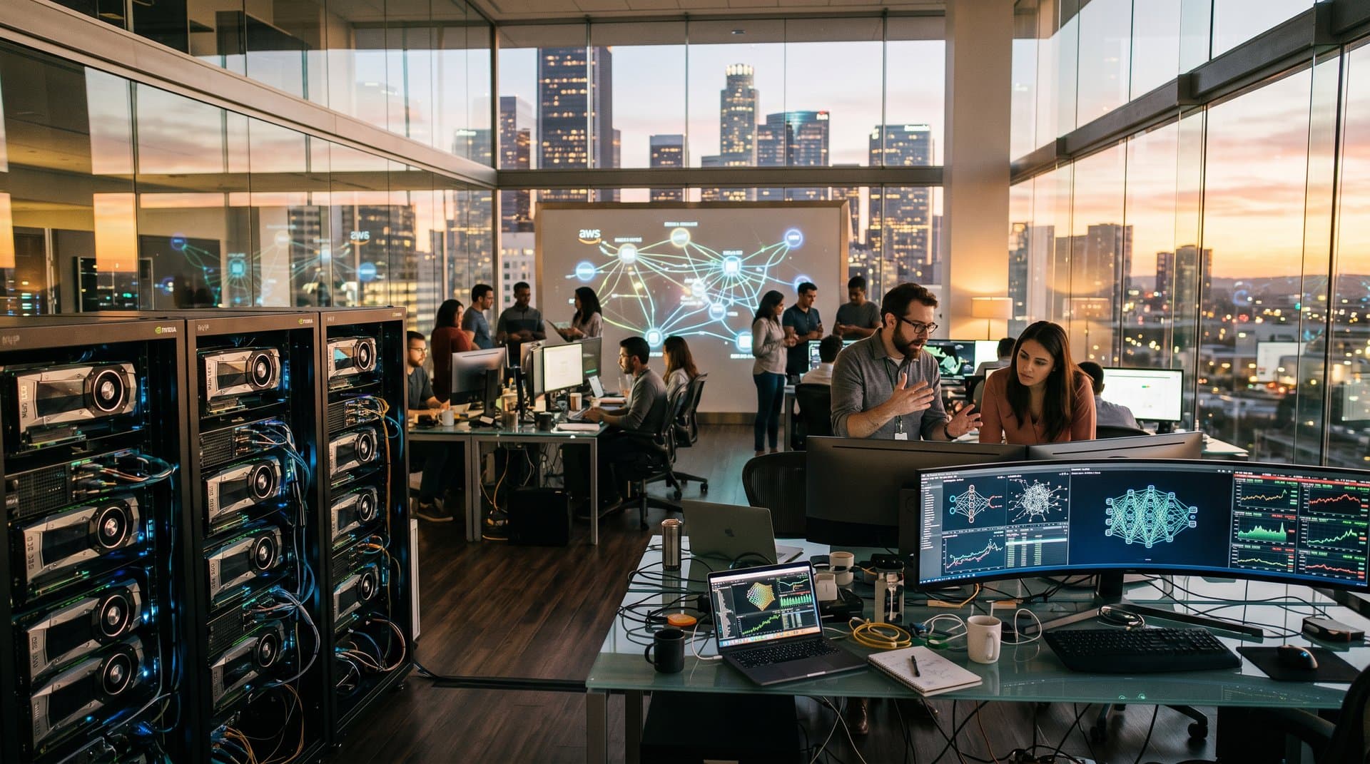 Team in modern AI lab analyzes neural networks and Nasdaq charts amid glowing servers and collaborative tech setups