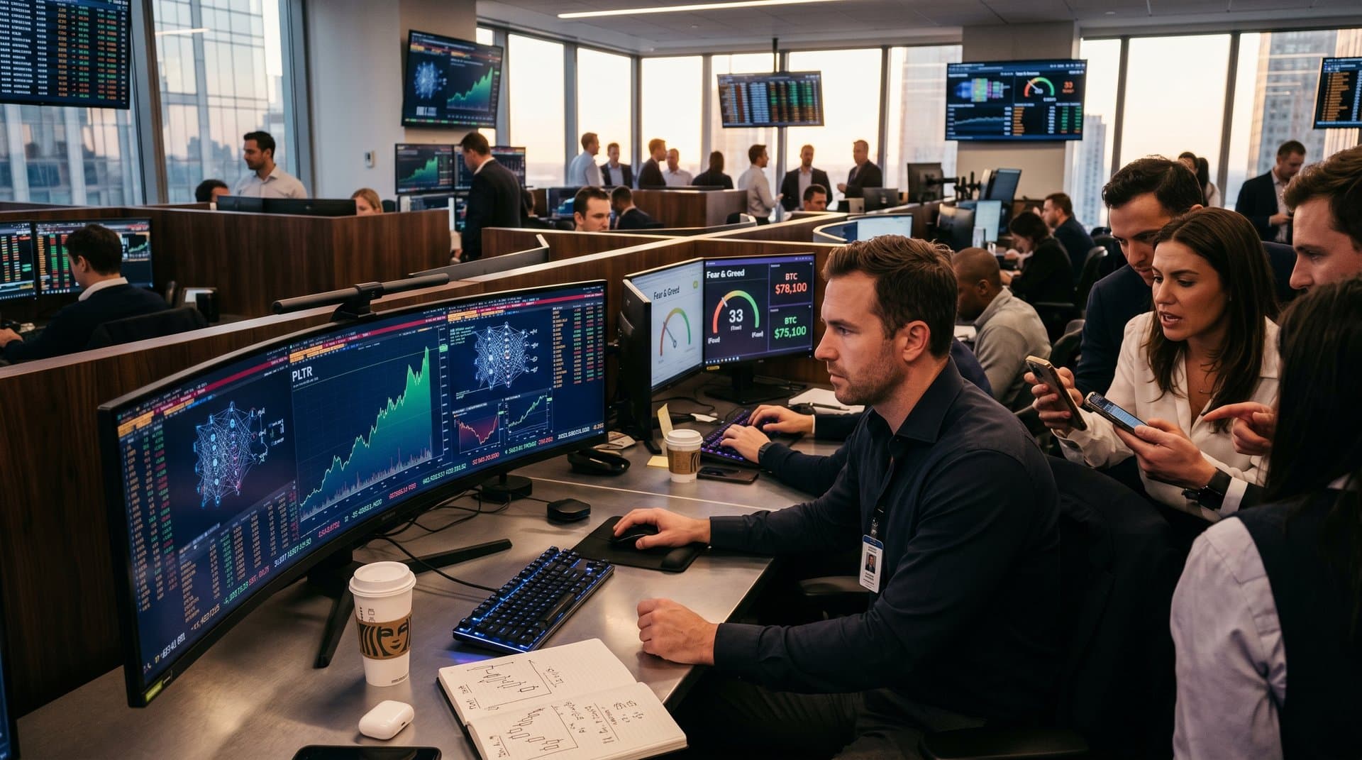 Trading desk with PLTR stock chart, AI neural overlays, Nasdaq ticker, and Fear & Greed gauge in modern fintech office