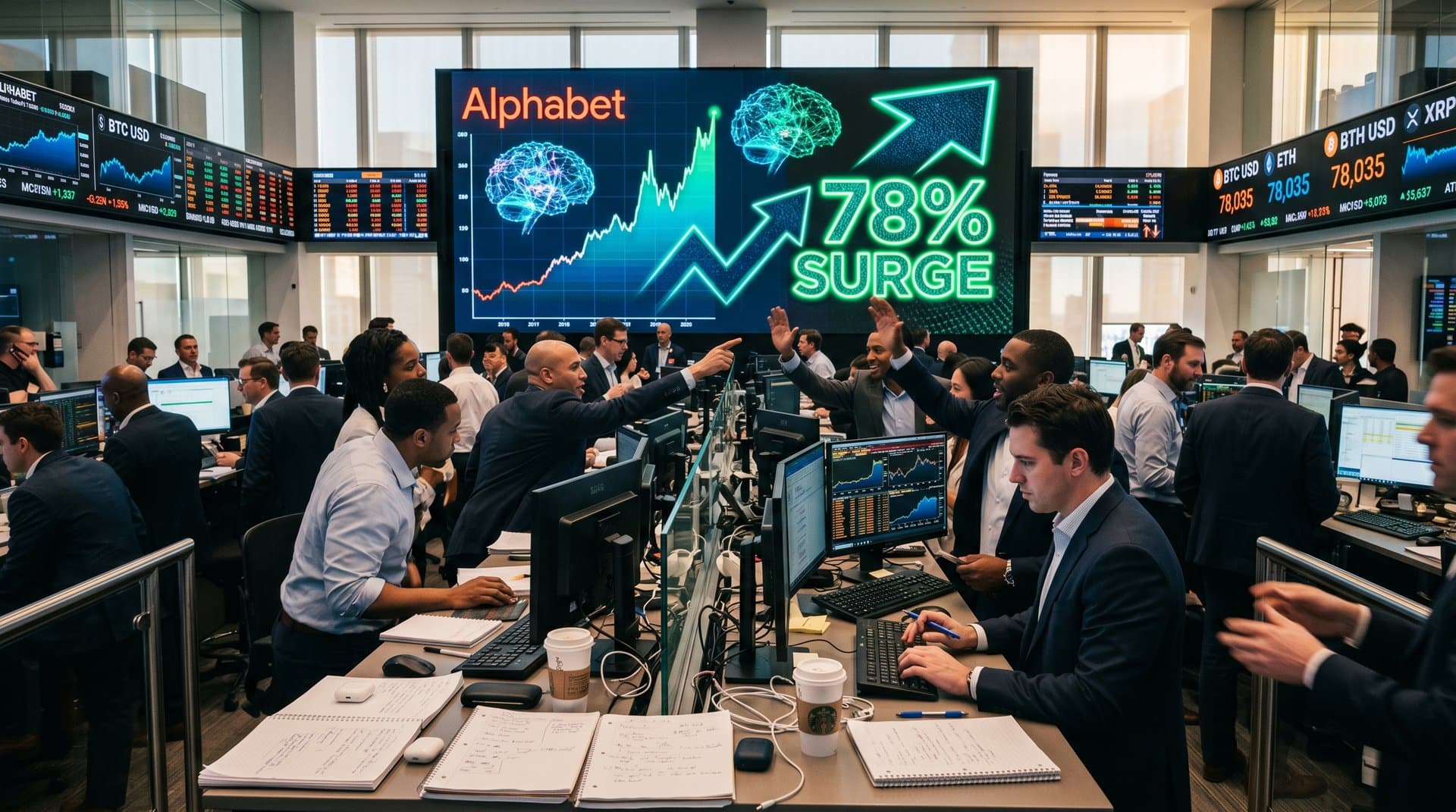 Soaring Google AI stock chart with 78% gain amid neural networks and market data in high-tech style