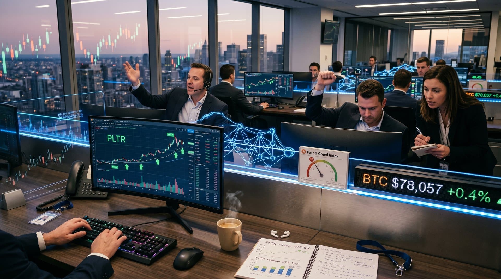 Fintech trading screens display PLTR AI stock charts, Fear & Greed 33, BTC ticker amid neural network visuals on modern desk