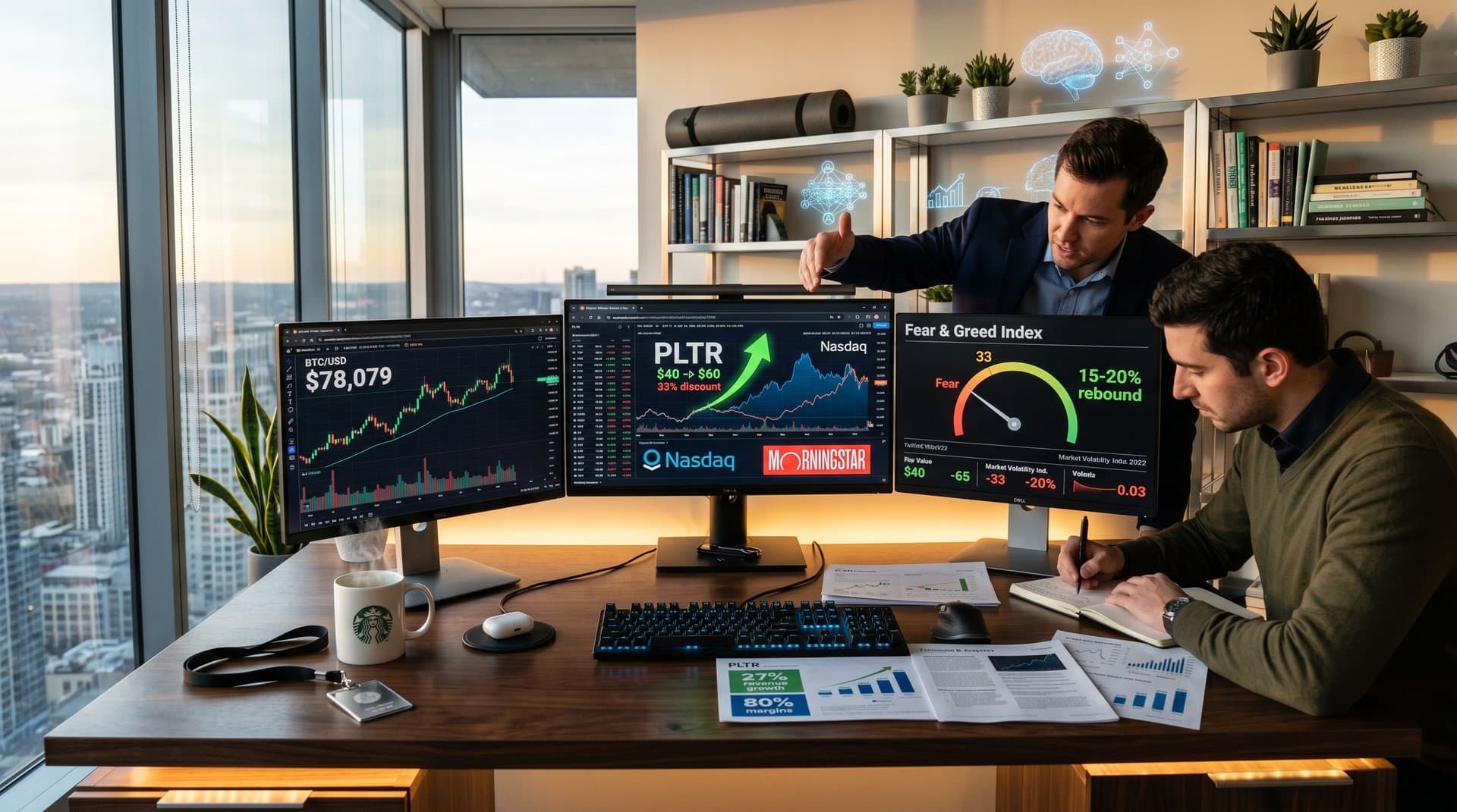 Abstract trading desk monitors show PLTR AI stock charts at 33% discount, Bitcoin at $78k, Fear & Greed 33 in modern finance office with skyline view