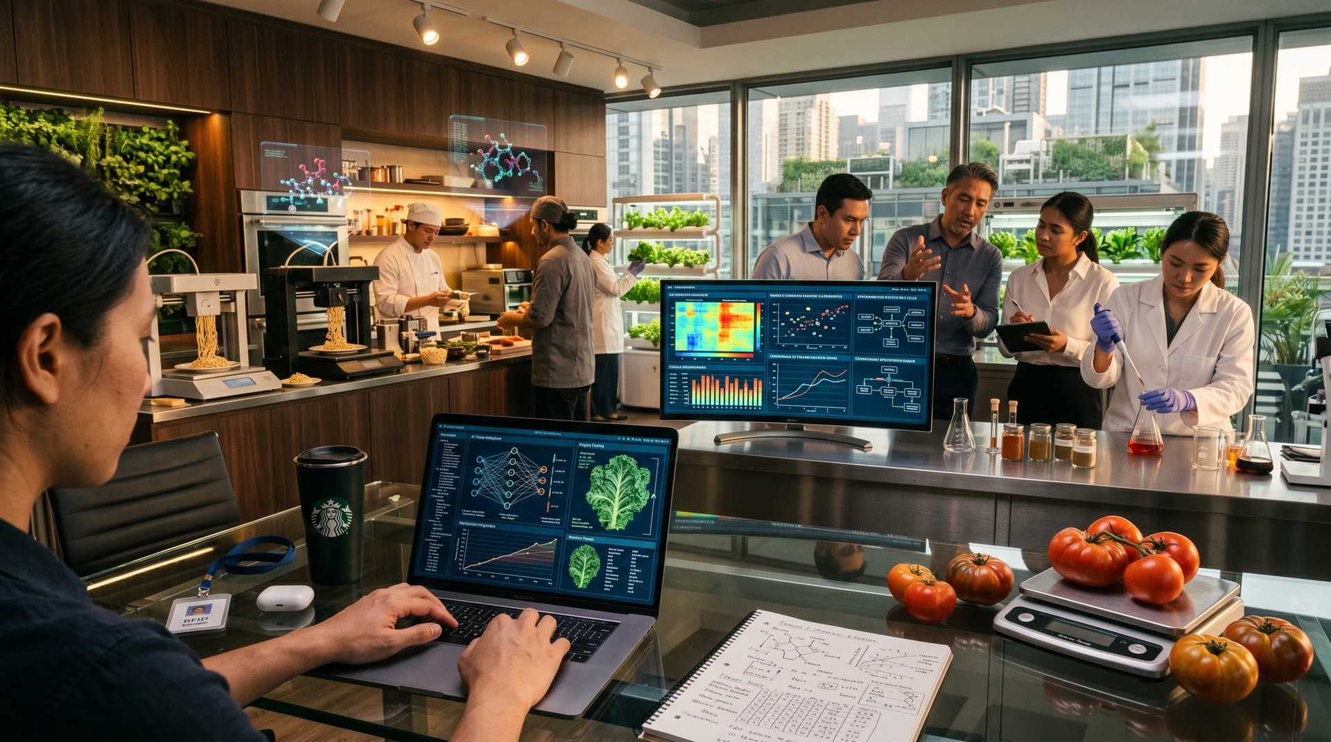 AI food tech lab with recipe algorithms on screens, team collaboration, fresh ingredients, and stock charts