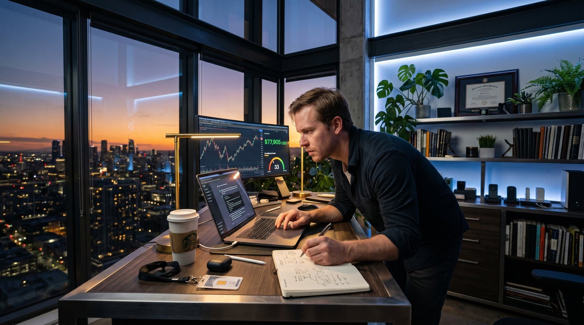 Home office laptop with ChatGPT solving math puzzle, Bitcoin chart at $77,905 USD, notebook sketches, warm lamp light evoking personal tech triumph