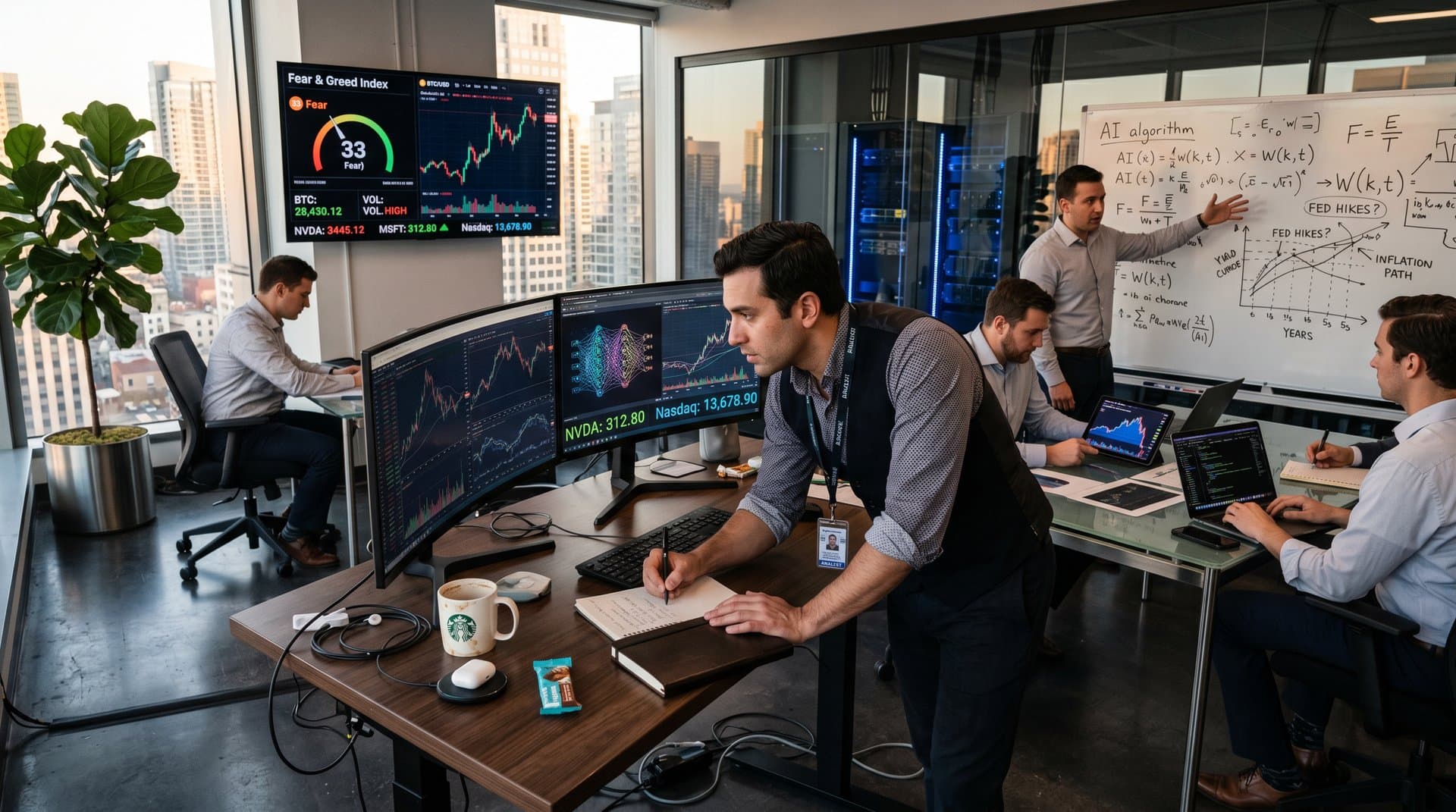 Tech lab desk with monitors showing AI graphs, Nasdaq charts, Fear & Greed at 33, and server racks in background