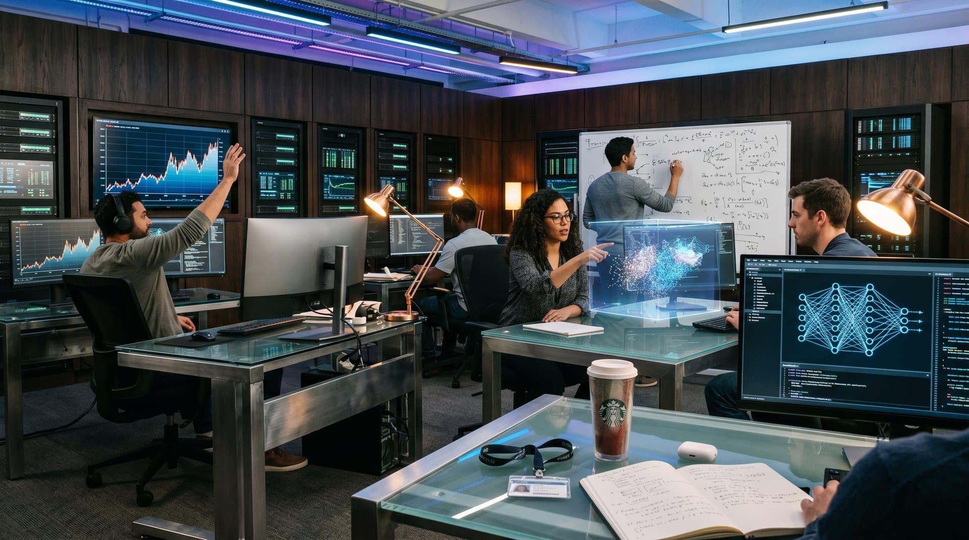 AI lab with engineers viewing neural networks, Nasdaq data, and stock tickers on monitors