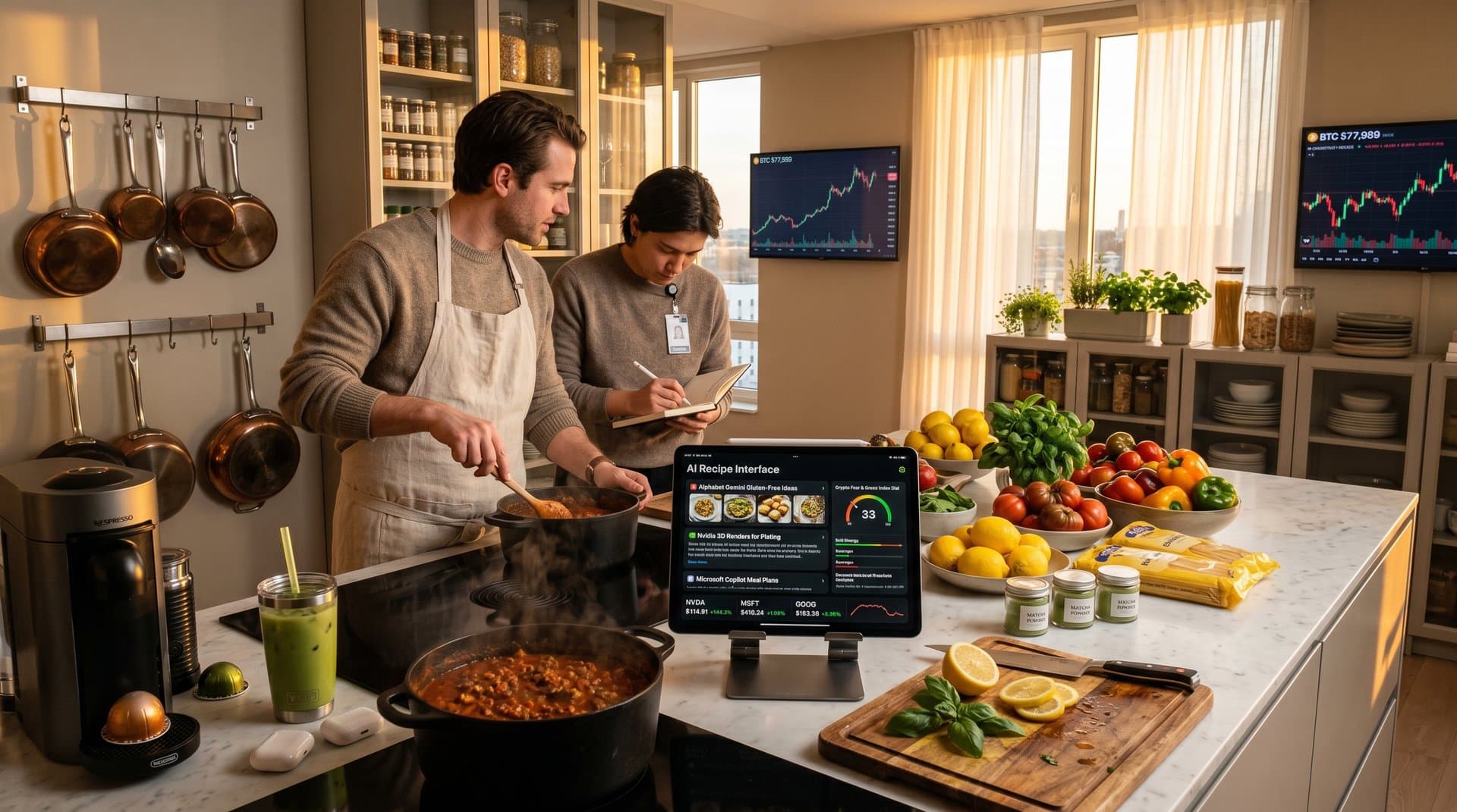 Modern kitchen with AI tablet generating recipe amid steaming pot and fresh ingredients
