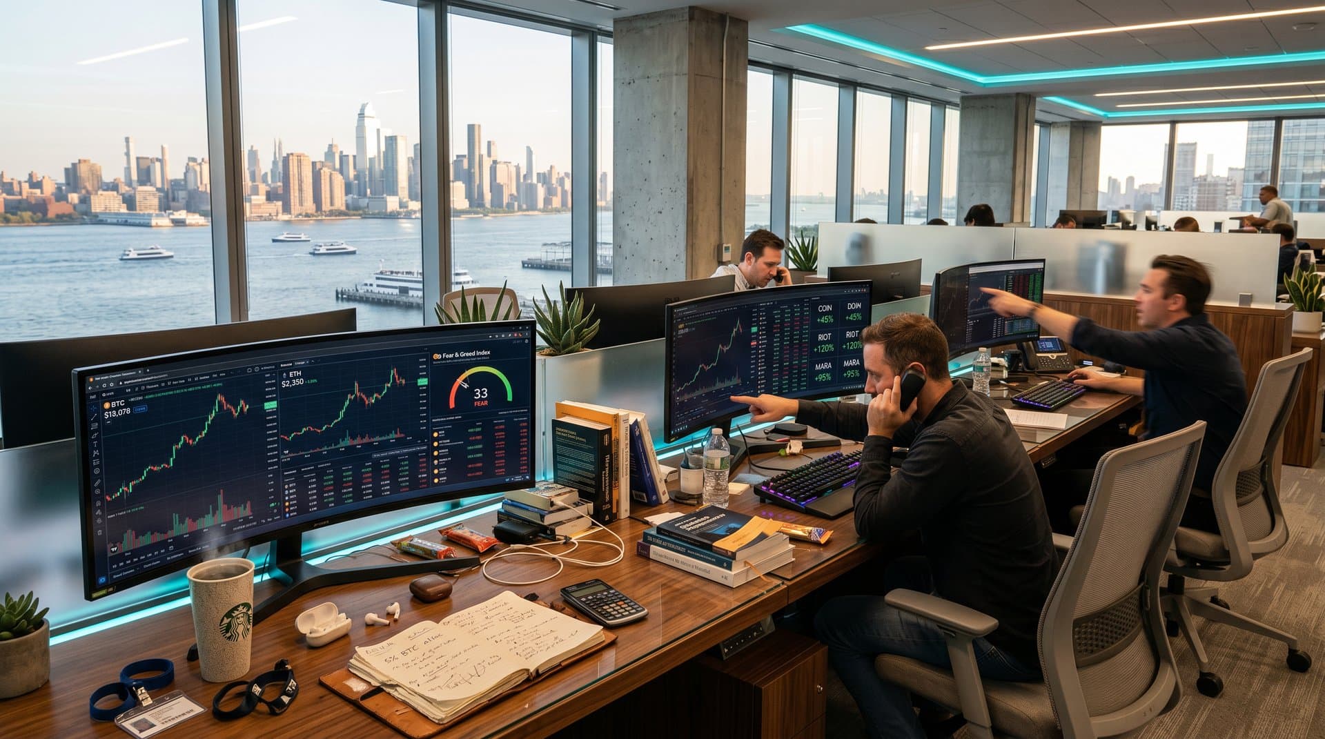 Screens display BTC $78K, Fear 33, crypto stocks in modern trading setup.