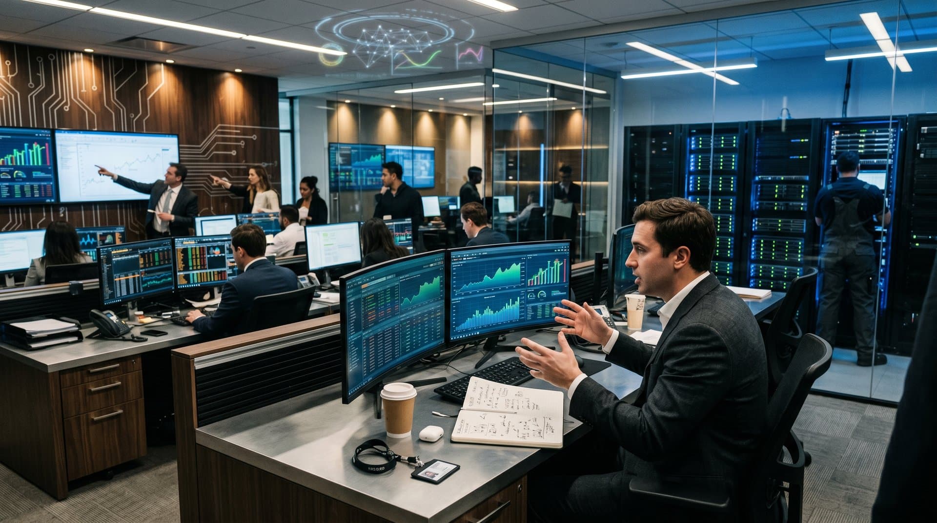 Futuristic AI and finance workspace with Nvidia, Palantir charts, compound growth graphs, and lifestyle symbols in modern tech office