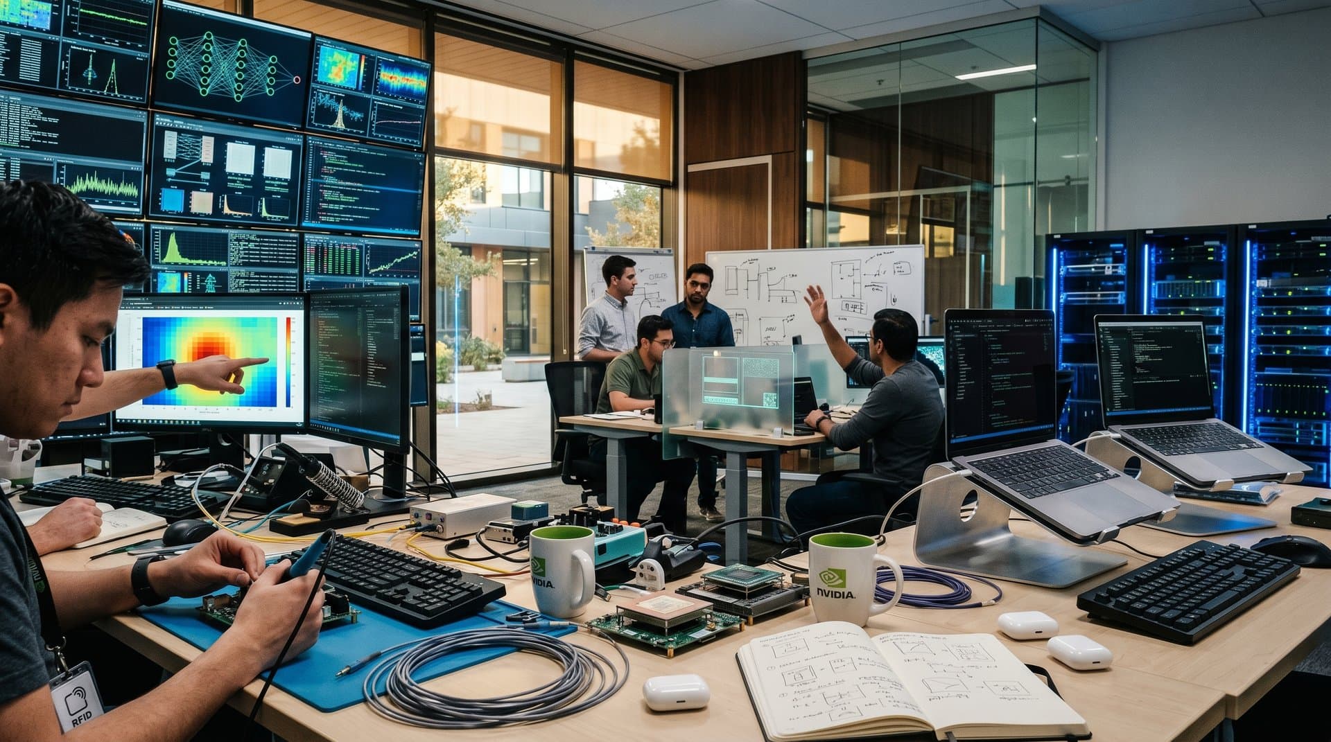 Futuristic AI lab with multi-monitor displays, neural networks, server racks, and tech prototypes in blue lighting
