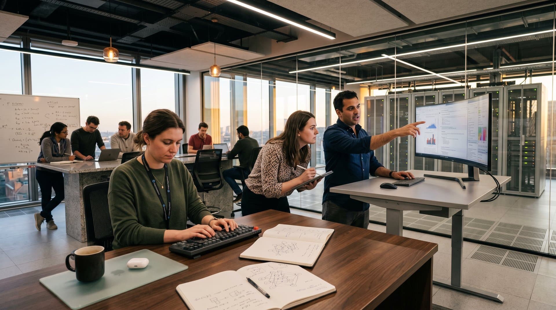 Engineer at walnut desk with keyboard and mug in Google DeepMind lab; researchers view AI graphs on curved monitors amid GPU racks