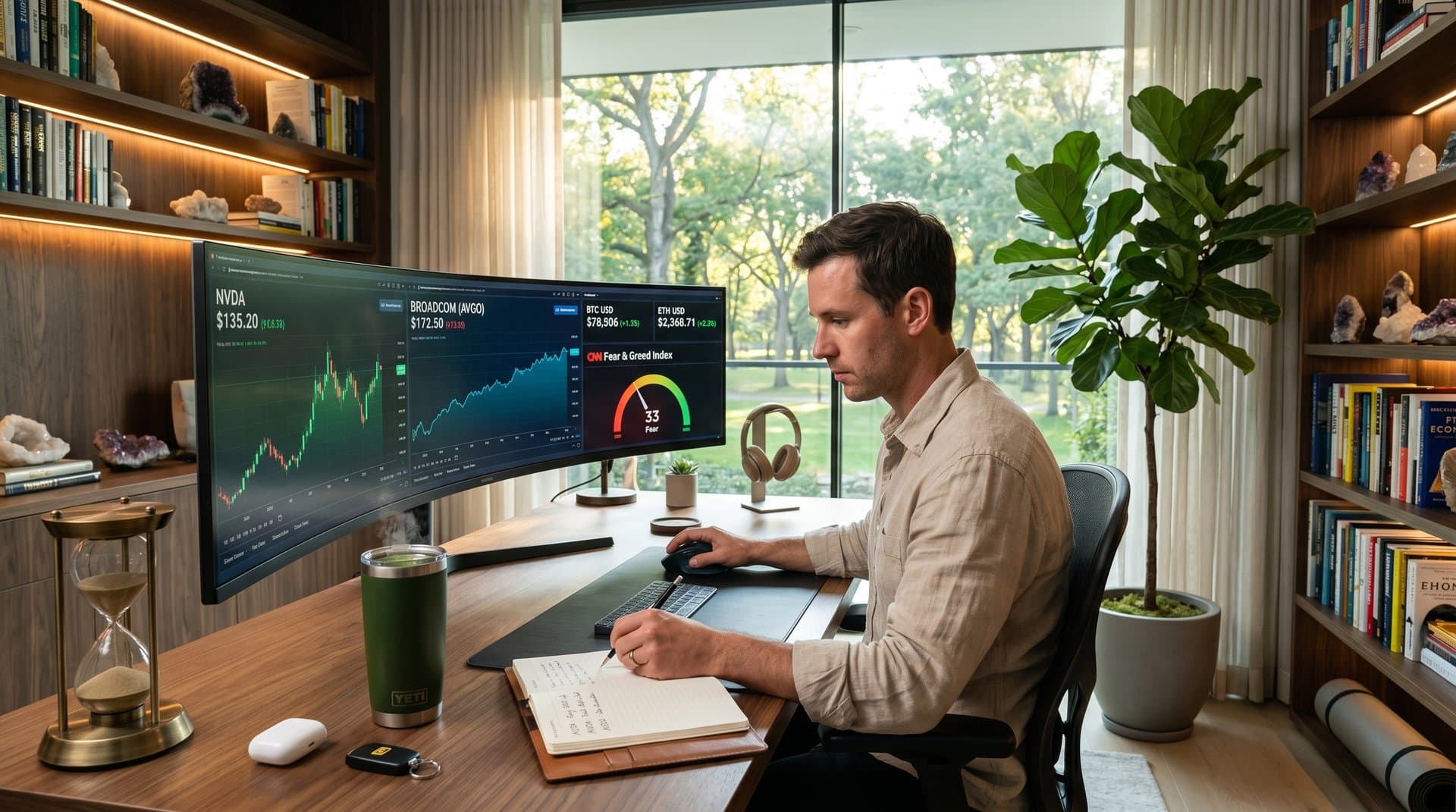 Trading screens show rising AI stock charts for NVDA and AVGO with BTC price and Fear & Greed Index in modern wellness-inspired office