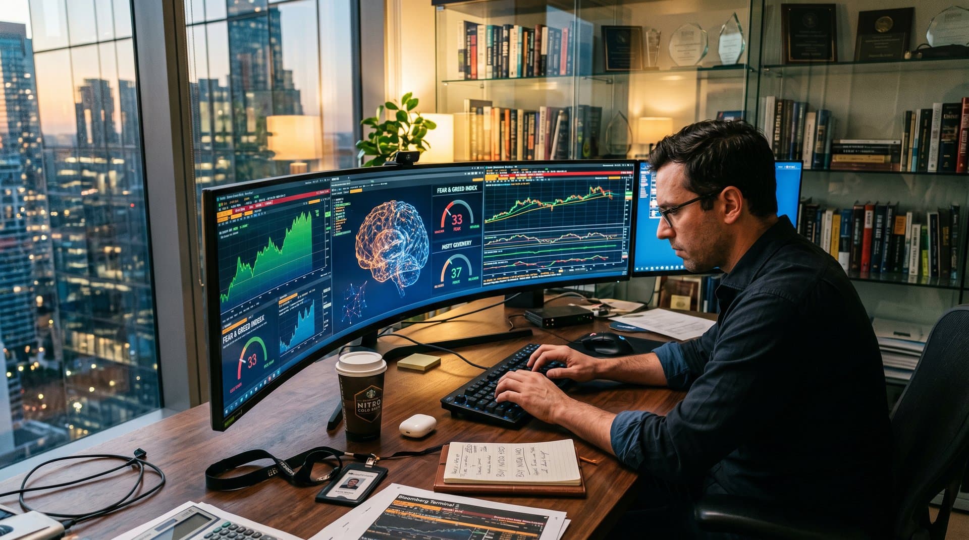 Trading desk screens show Nvidia and Microsoft AI stock charts rising amid Fear & Greed Index at 33, calculator and notes on wooden surface