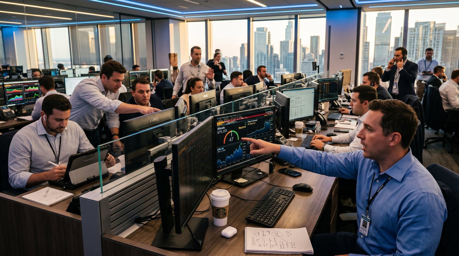 Traders at Goldman Sachs desks with Bloomberg terminals displaying crypto prices, AI sentiment charts, and neutral market indicators