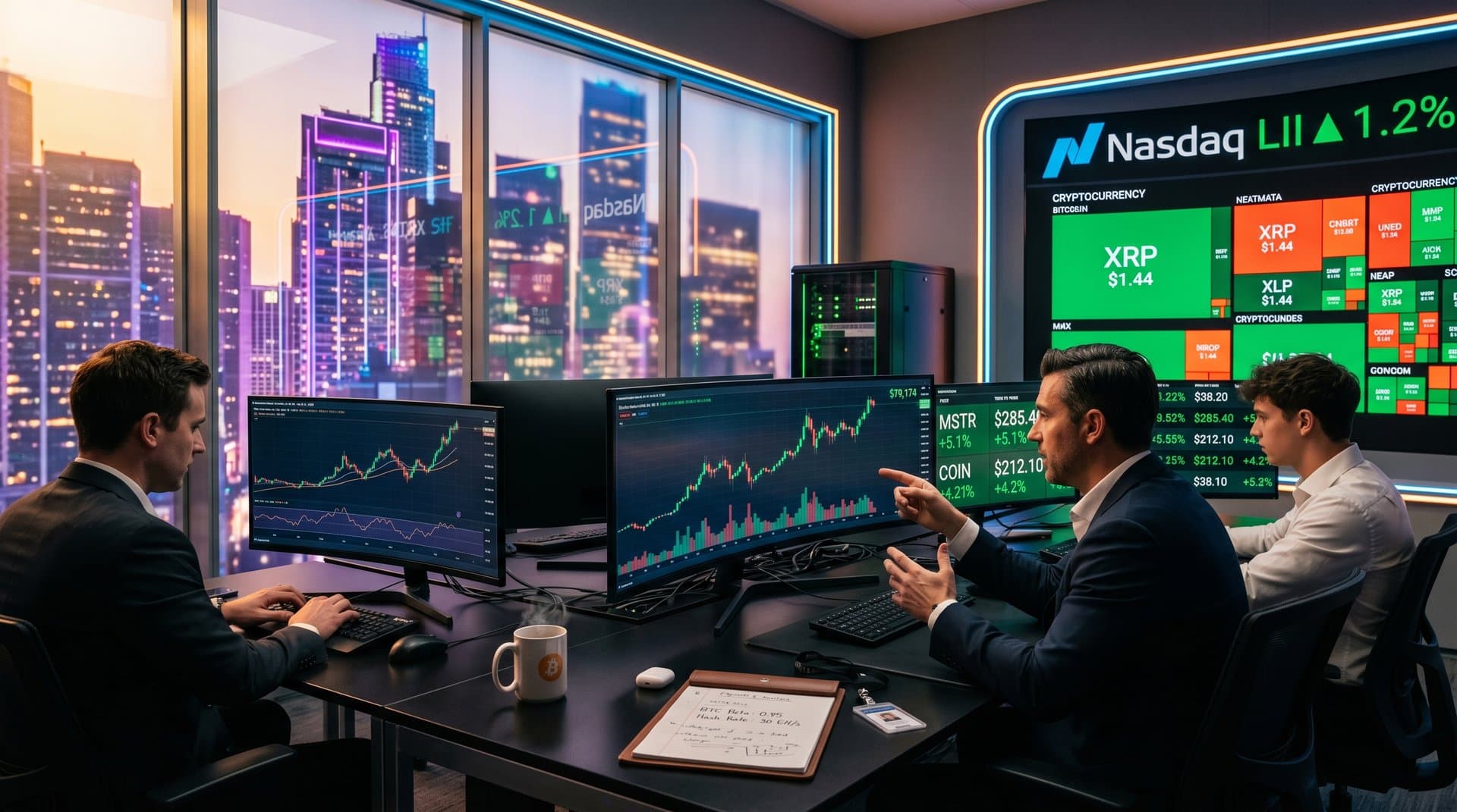 Trading screens display BTC at $79K, crypto stocks like MSTR and COIN, Fear & Greed Index in sleek fintech setup with skyline.