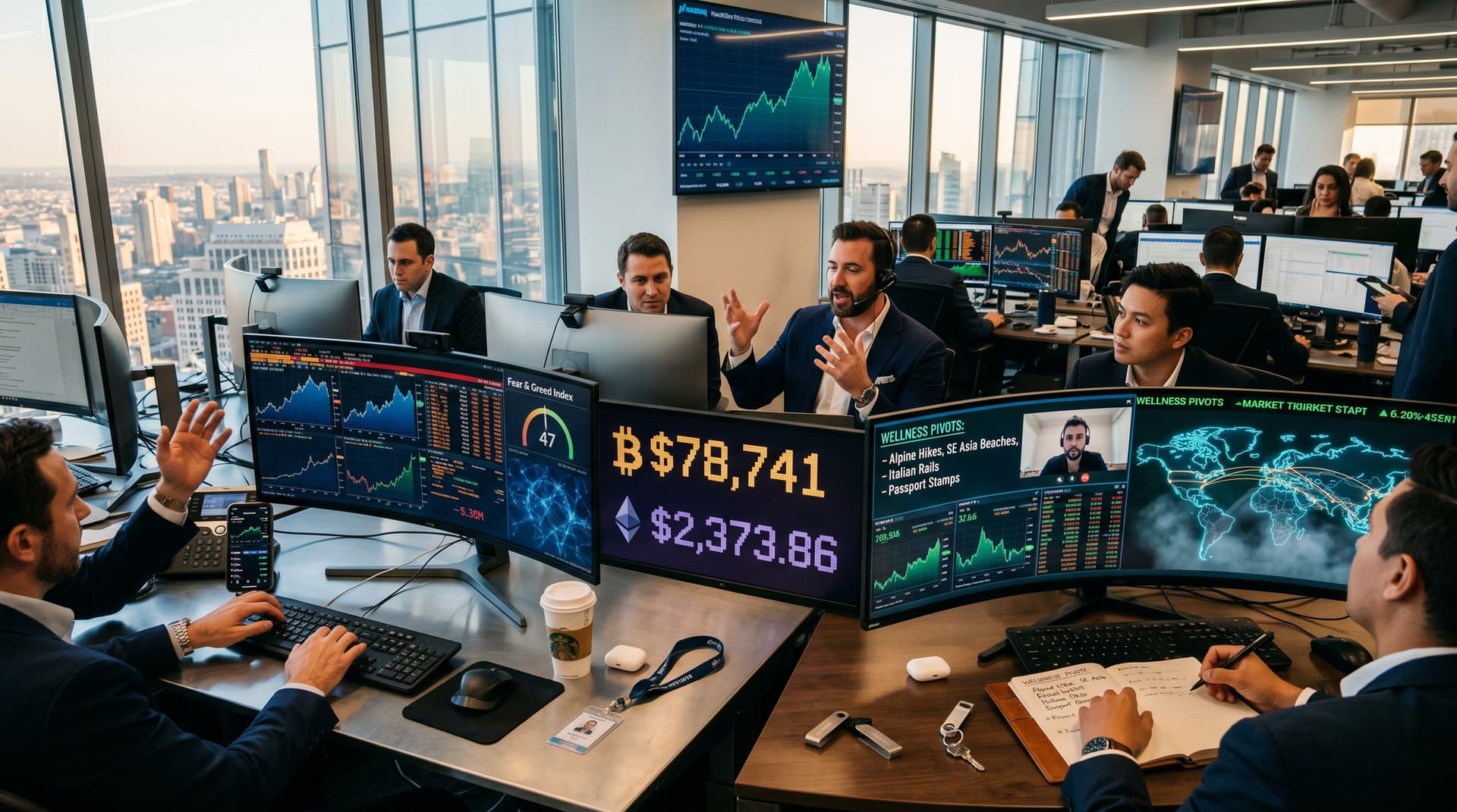 Surging Nasdaq AI charts with BTC symbols on world travel map in cyberpunk finance freedom style