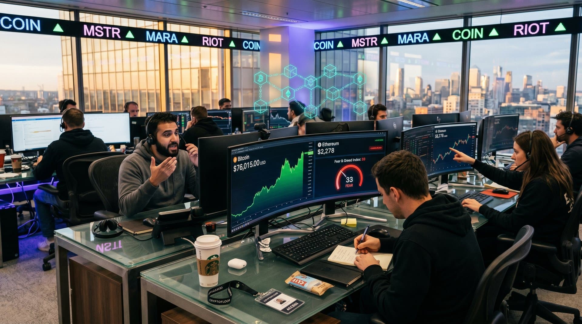 Traders monitor BTC $76K charts and Fear Index on screens in modern crypto trading office