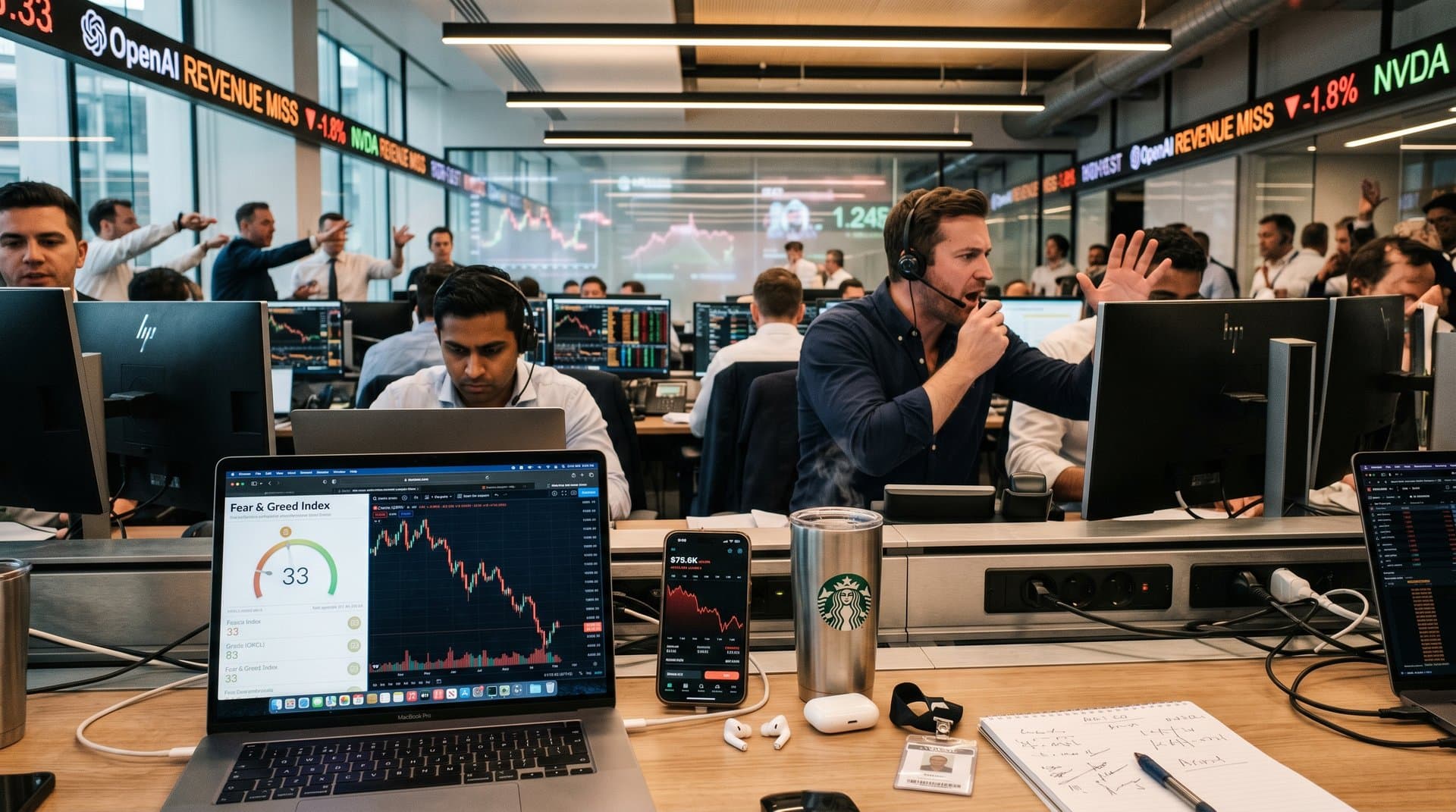 Laptop shows Fear & Greed Index 33 and falling Oracle chart amid trading screens in modern finance hub (89 characters)