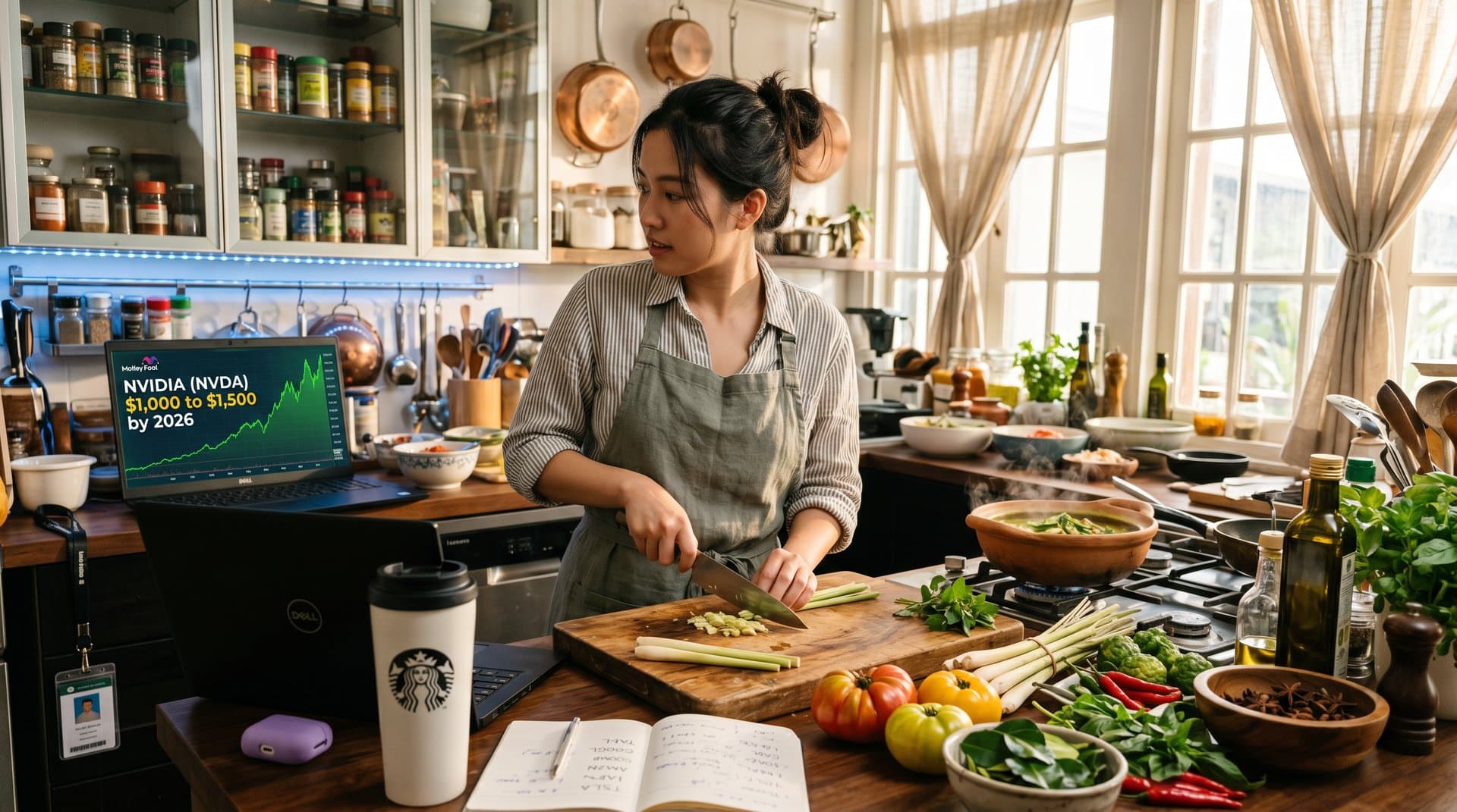 Laptop showing AI stock gains next to fresh cooking ingredients on kitchen counter