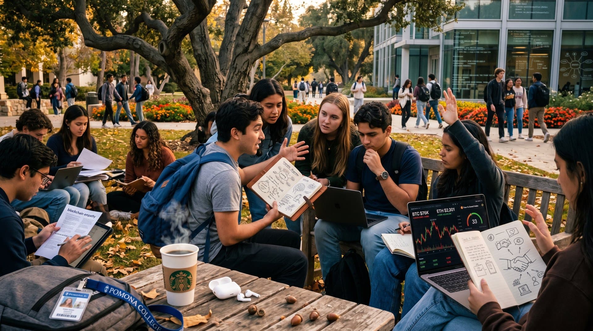 Pomona College quad with laptops showing AI and BTC charts amid notebooks and nature