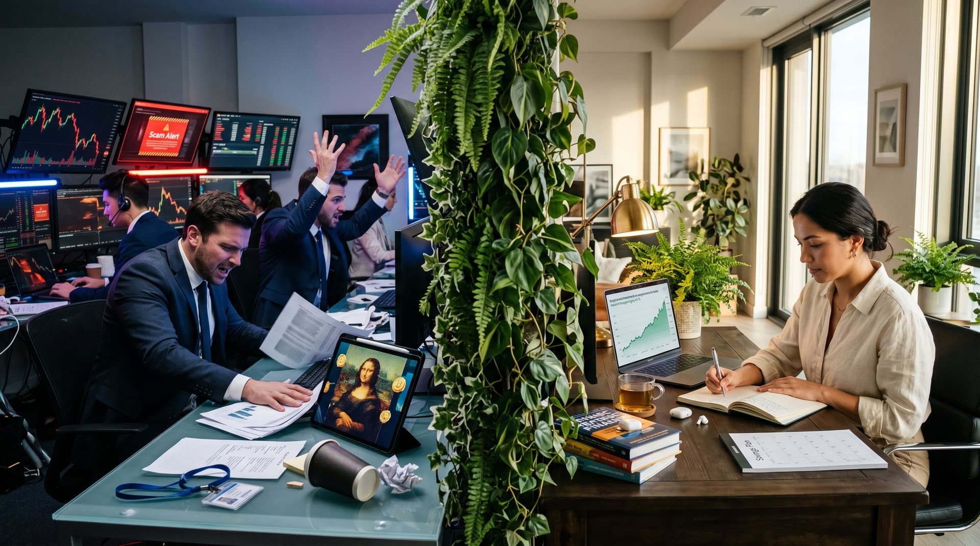 Split image of crypto scam chaos versus calm authentic wealth-building in home office