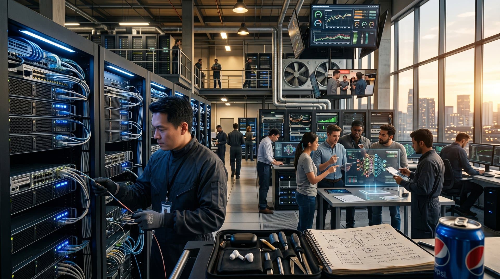 Nvidia-powered AI data center with glowing GPU server racks, neural network holograms, and high-tech infrastructure
