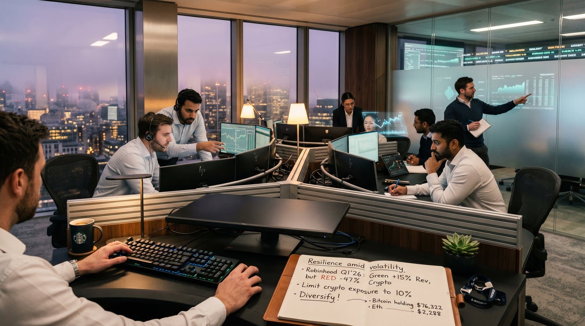 Trader analyzes red crypto charts on multi-monitors in modern office with market sentiment displays