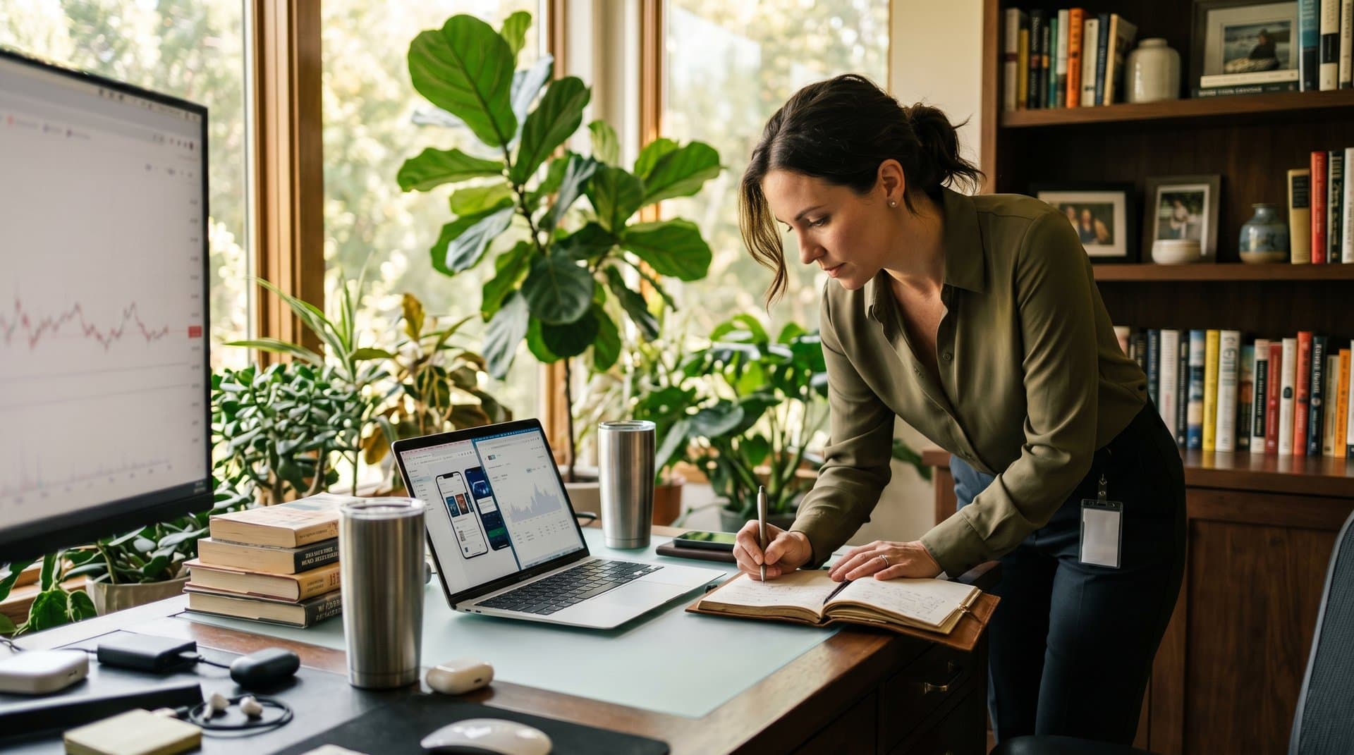 Journal and laptop on desk showing AI app and crypto Fear & Greed Index, morning light through plants