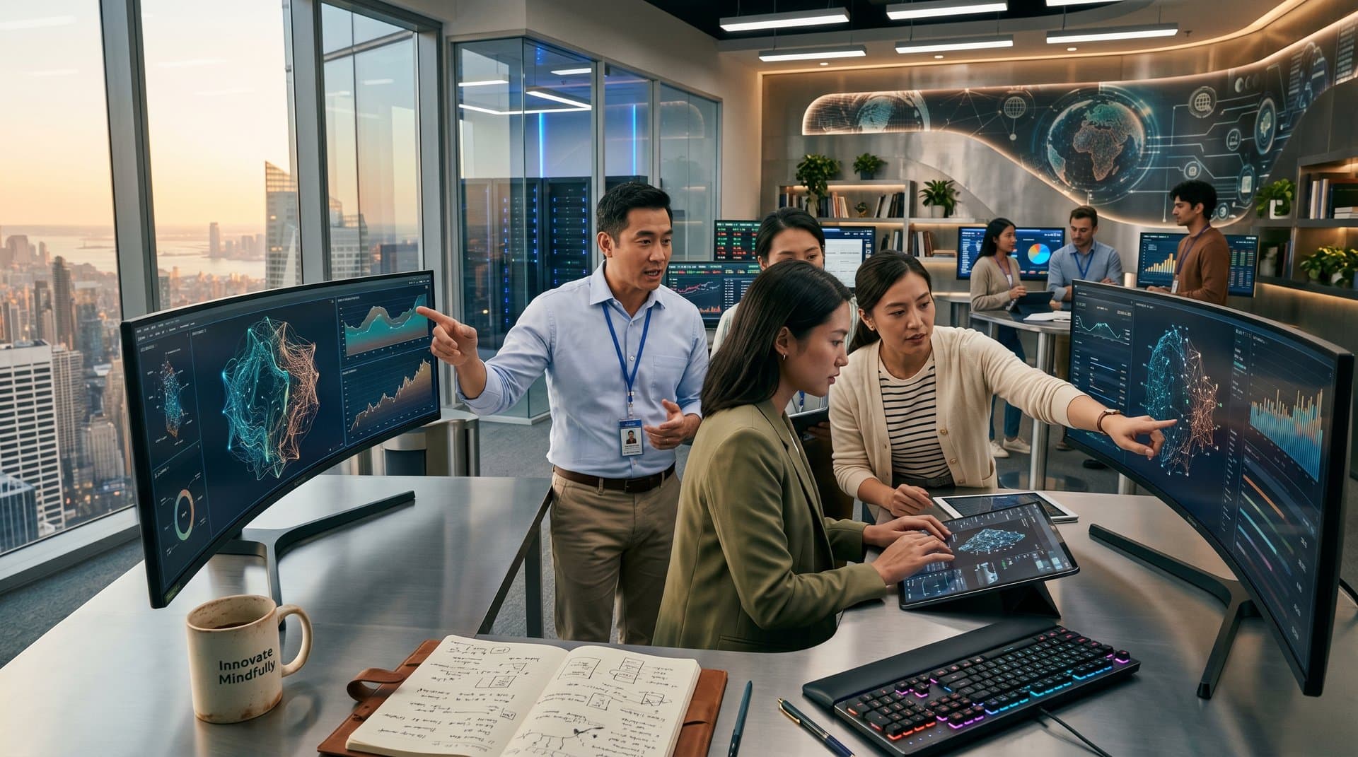 Professionals collaborate on AI neural networks in a modern research lab with monitors, servers, and natural light