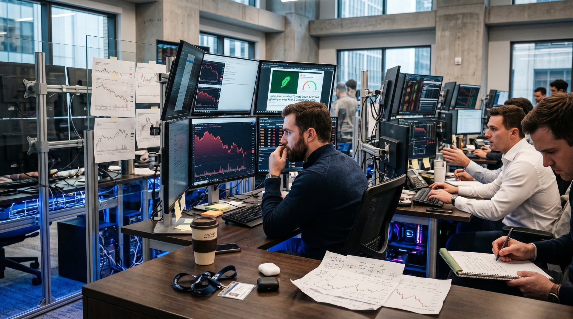 Trading desk with red crypto charts, Robinhood earnings, and Fear & Greed Index in tense market atmosphere