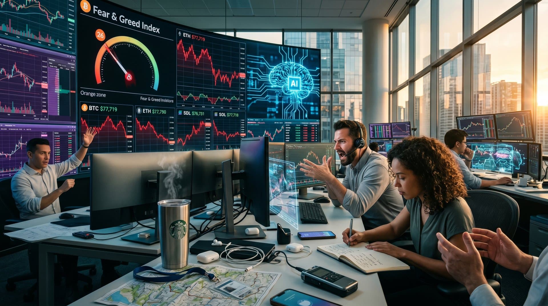 Abstract neural networks, crypto charts, and Fear Index gauge symbolizing AI skepticism and tech caution