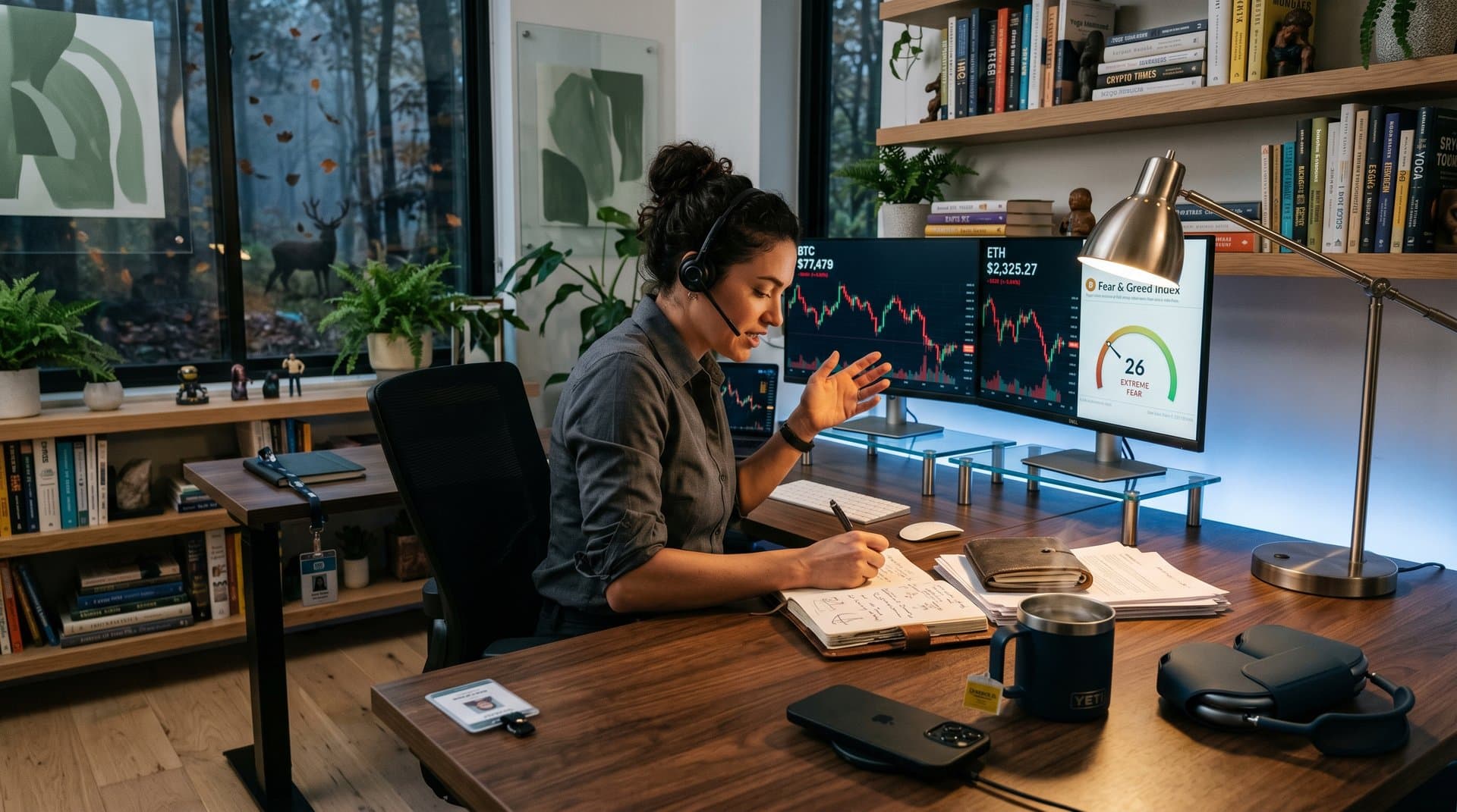 Smartphone with Robinhood crypto crash charts and wellness journal in calm home office