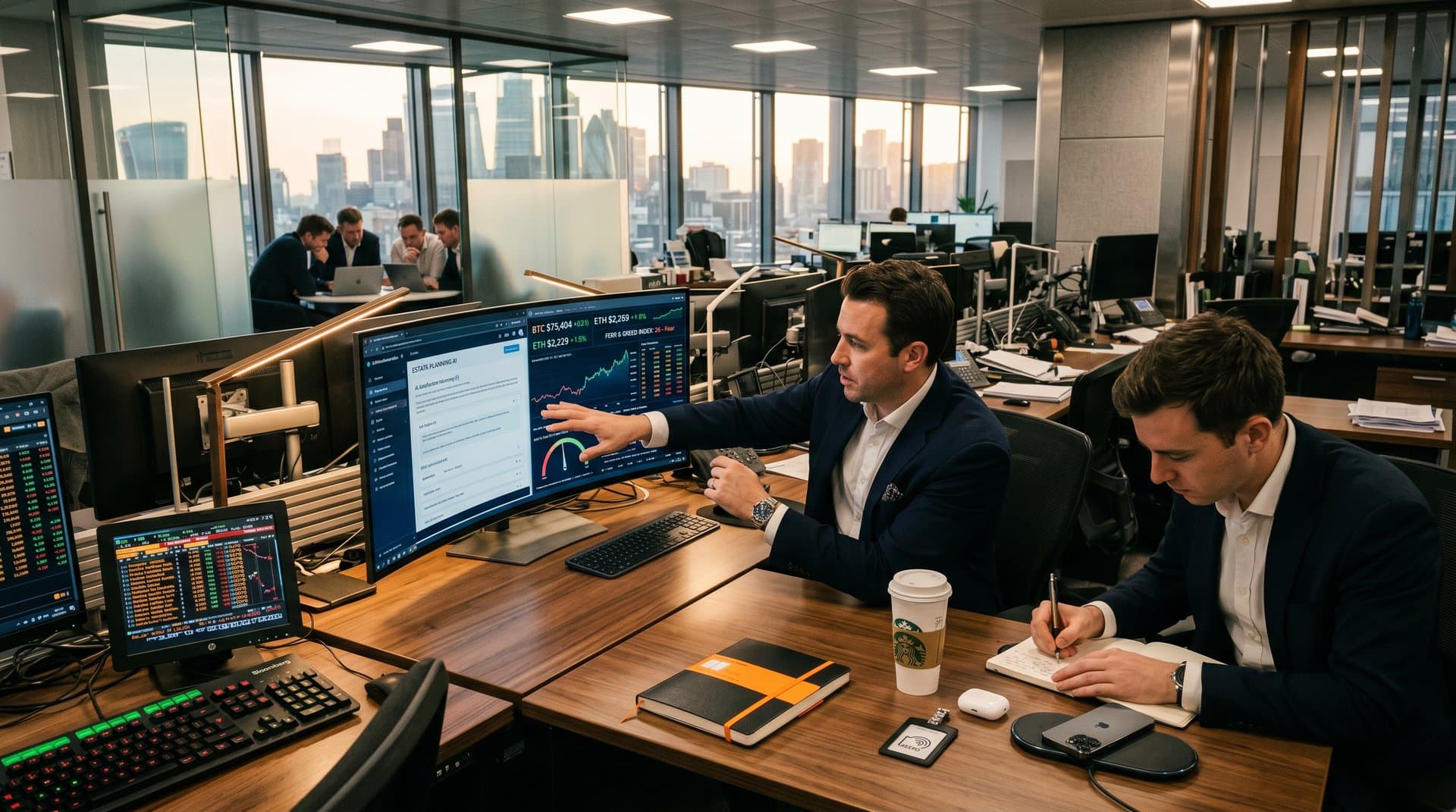 Modern office desk with AI estate planning software and crypto charts on monitor, Bloomberg terminal active