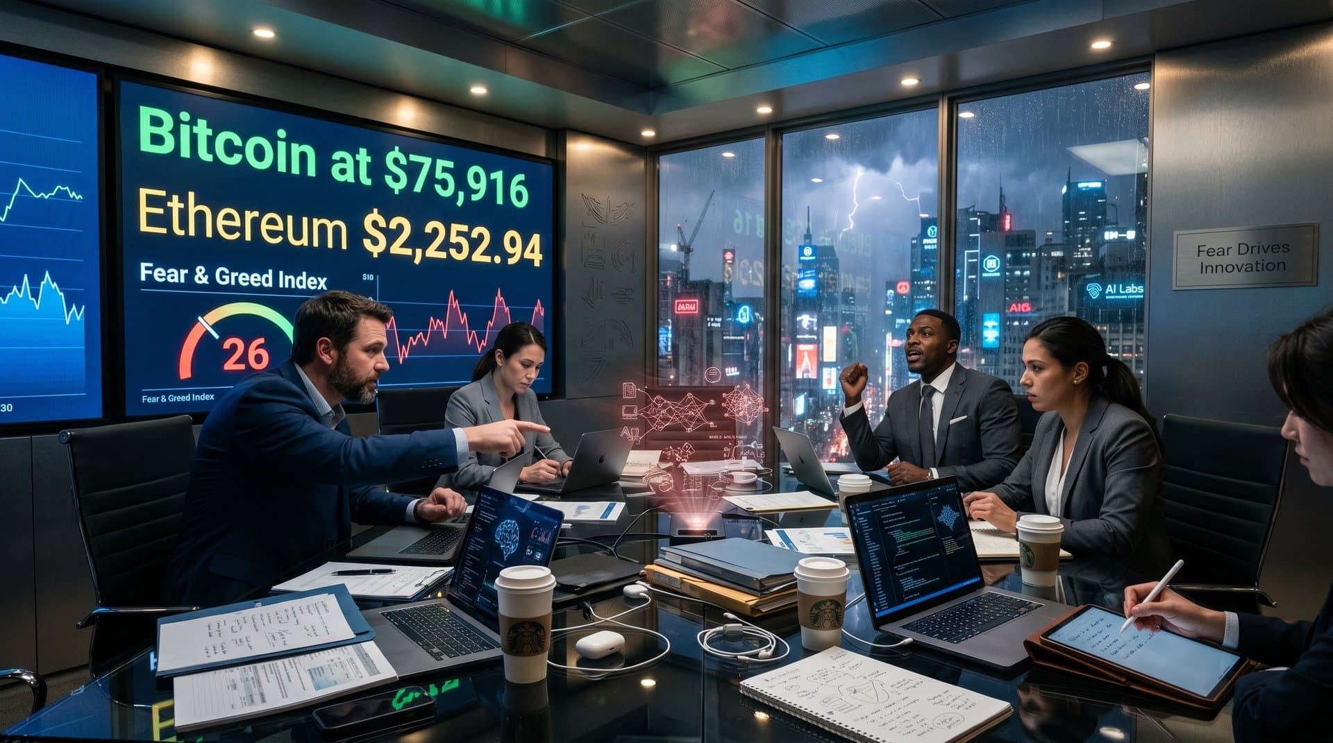 Tech boardroom with AI risk holograms and crypto charts showing fear index at 26