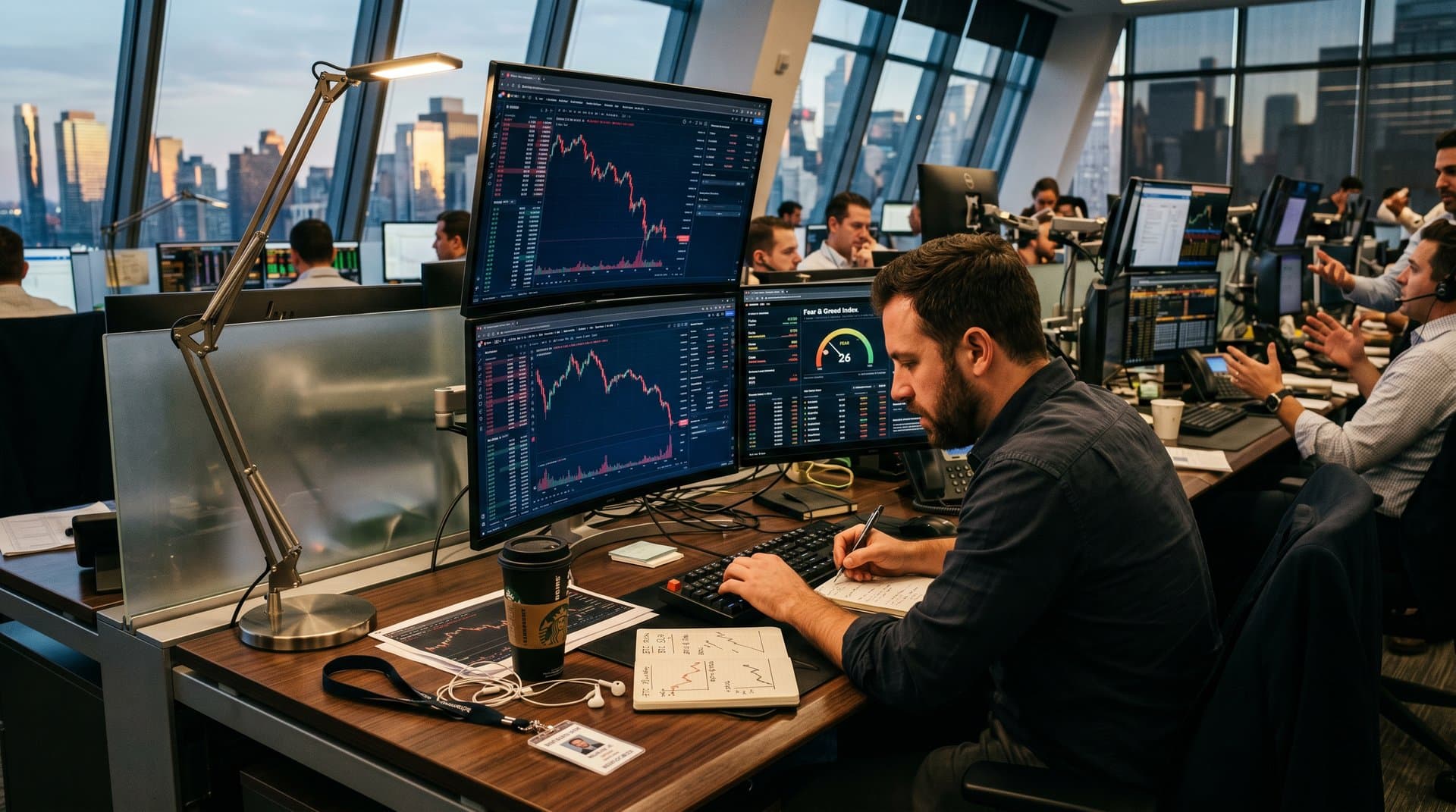 Trading screens show BTC at $75,872 and Fear & Greed Index at 26 amid phony crypto kiosks scam alerts