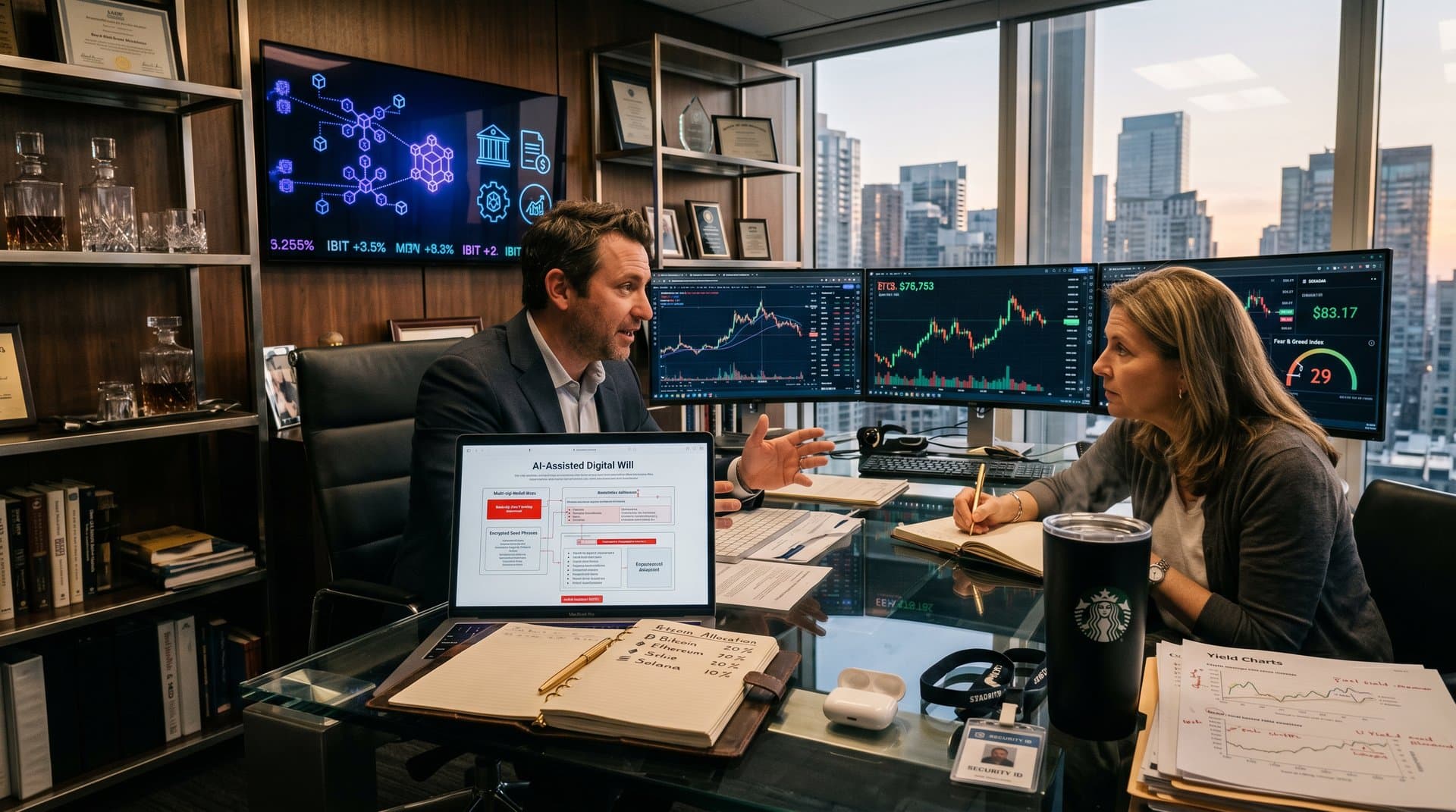 Wealth advisor desk with AI estate plan, live BTC $75K charts on monitors