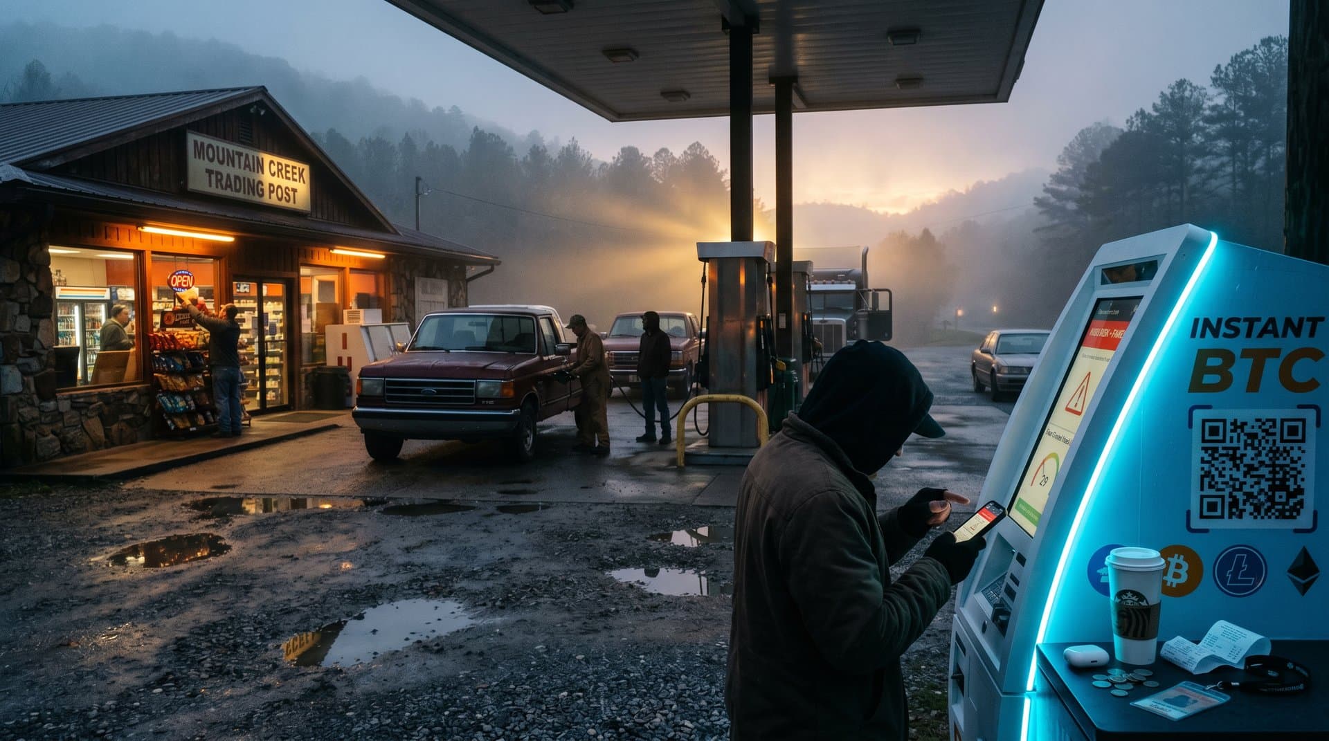 Fake crypto kiosk at gas station with verification app check, scam awareness scene